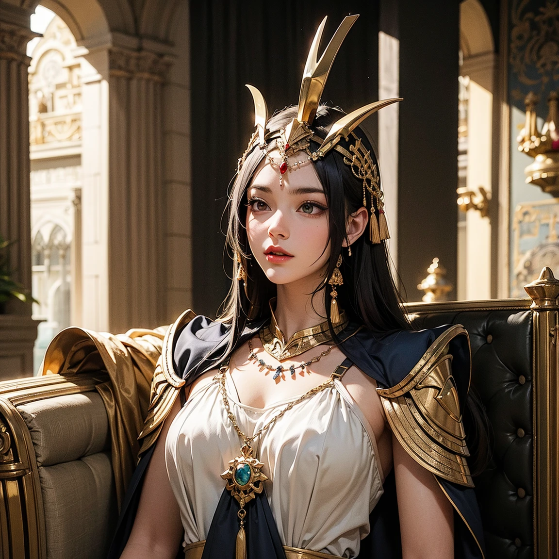 1 girl, solo, details, masterpiece, best quality, photorealistic realism, beautiful girl, long hair, black hair, skull headband, gold earrings, red eyes, beautiful face, skull necklace, perfect body, large , open , black long dress, skull bracelet, gold earrings, gold belt, musical instrument, harp, sit on ancient chair, dark sky, dark temple,
