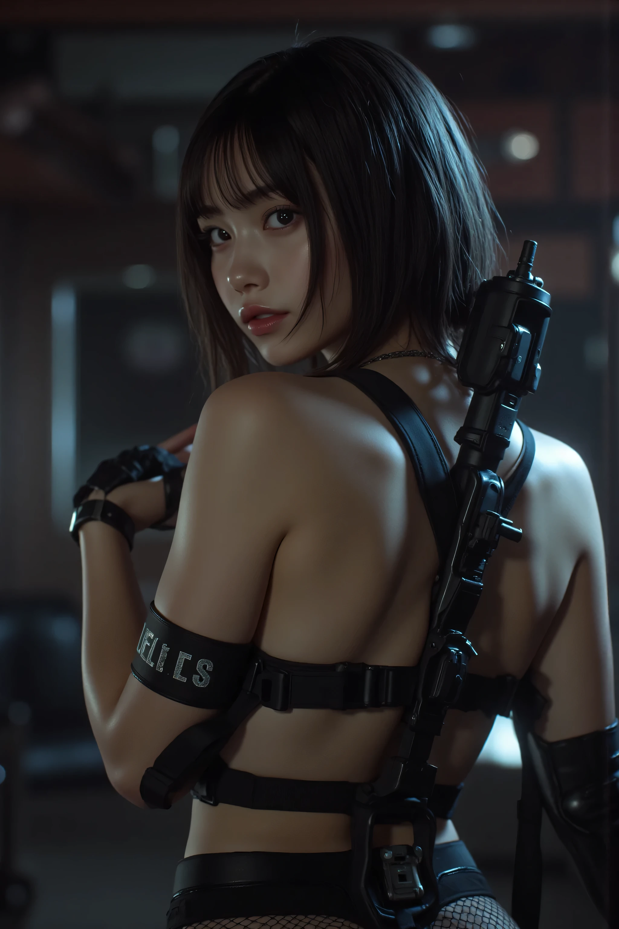 (((The interior of the Nostromo with no light at all:2.0))),(((HR Gigger Style Cyberpunk Atmosphere:2.0))),(((Side view from back:2.0))),(((looks back at the camera:2.0))),((looking back over the shoulder:2.0)),one woman,(cute faces getting creampied:2.0),(Beautiful well-balanced face :2.0),((wavy black hair:2.0)),(beautiful eyes:1.3),Glamorous Shot of a 20-Year-Old Japanese Woman,Beautiful Slender Body,(((model body type:2.0))),((slim body:2.0)),Perfect Body,ideal proportions,(big breasts:2.0),((スリーサイズ90-58-86:3.0)),((G cup breasts:2.0)),Big Breasts,Bare thighs,sensual thighs,delicate body,(muscular:1.5)((T-back:2.0)),natural posture,((beautiful tight butt:2.0)),((cute ass:2.0)),((Carefully Depict Limbs Based on Perfect Anatomy:2.0)),((Super Hi-Leg Leotard with Black Special Forces Style Harness:2.0)),(((ラテックス製の超T-backパンティ:2.0))),(((thick fishnet tights:2.0))),((tactical holster:2.05)),(Gloves:1.3),Concept Art,(Highest Quality:1.5),(masterpiece:1.5),(超高Resolution),Resolution,UHD,(Delicate Description),carefully drawn,32k,((realistic skin texture:1.5)),(((Ultra Realistic:1.5))),carefully drawn eyelashes, Highly detailed faces,highly detailed female hands,very sensual,(Blurry, dim background:1.5),professional photography,(Movie Lights:2.0),((Blade Runner Style Lighting:2.0))