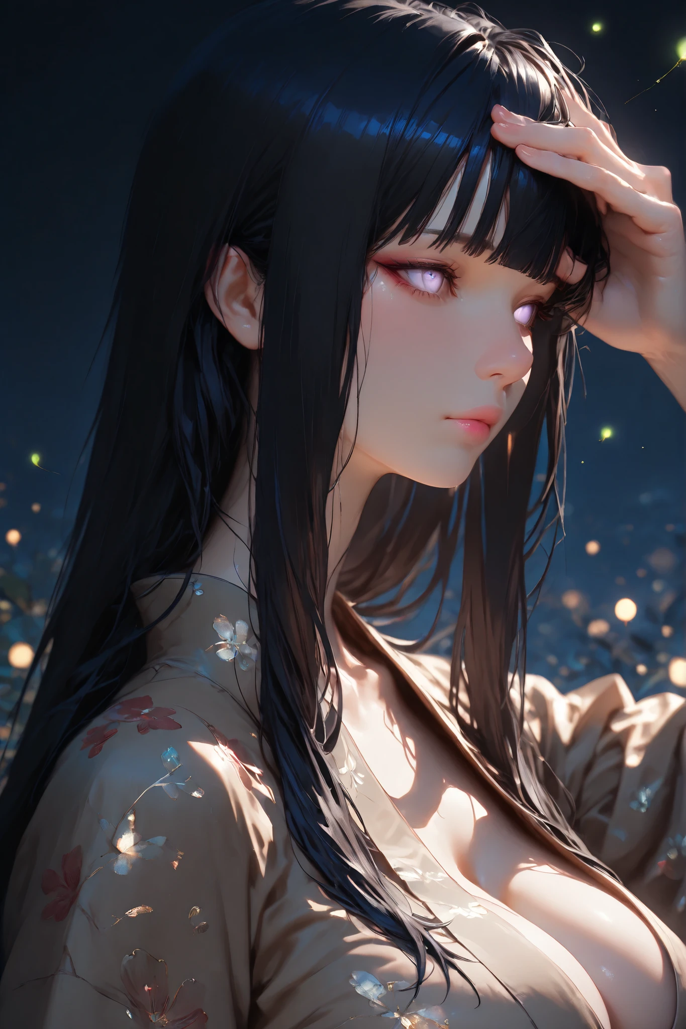 3D animation, close up of a beautiful girl's face with physical characteristics similar to Hinata Hyuga, long black hair with straight bangs covering her forehead, smooth lavender eyes without pupils, pink lips, large breasts with prominent cleavage, she is wearing a brown kimono, side view, night atmosphere decorated with light from fireflies, dark background with warm light effects, with realistic cinematic lighting, detail, high quality, ultra hd, 16k.