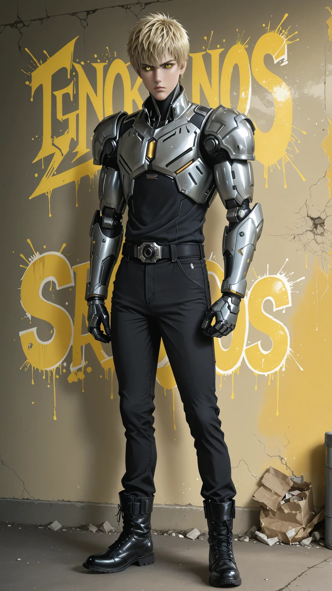 Male character with a distinct style. His eyes are black and yellow. The character has short, spiky blonde hair and a serious expression. The skin is fair, and the character is wearing a sleeveless black shirt with a white shirt under . The character's arms are mechanical, featuring metallic silver armor with joint details, giving a robotic appearance. The character is also wearing black pants and black boots, completing a sleek and futuristic look.GenosOPM
blonde_Genos_hair, black-yellow_Genos_eyes, , buck wall with yellow graffiti at background