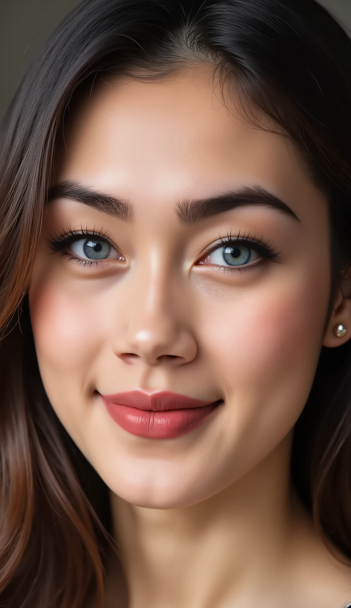 Ultra-detailed close-up portrait of a beautiful young woman with smooth, flawless skin and captivating light blue-gray eyes. She has thick, dark eyebrows perfectly shaped, long curled eyelashes, and soft, natural makeup. Her eyelids are lightly shaded in warm tones, highlighting her expressive gaze. Her lips are full, painted with a matte rose-red lipstick, and her nose is delicate and symmetrical, happy vibes beauty smile confidence showing teeth . Her dark brown hair frames her face softly, blending naturally into the background. The lighting is soft and even, emphasizing her facial features and skin texture, creating a polished, professional beauty portrait look with a natural glow.