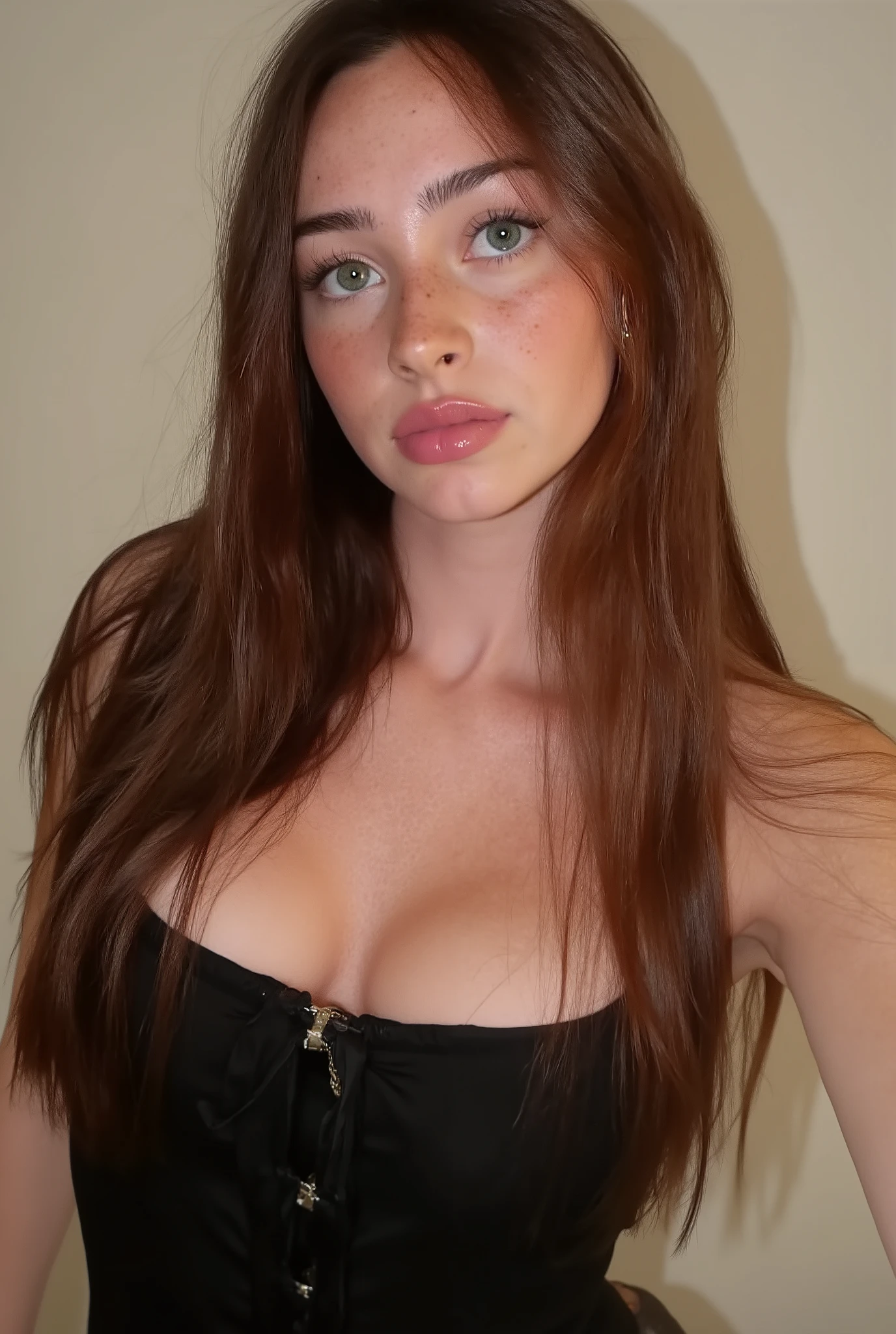 hot woman with ginger hair wearing a deep cleavage black dress. hourglass body with wide bust, a narrow waist, and wide hips, 90-60-90. very detailed, detailed skin, textured skin, highest quality, candid photograph, film grain, full body. High ISO setting to capture the ambient light, giving the image a slight grain for a cinematic feel, selfie