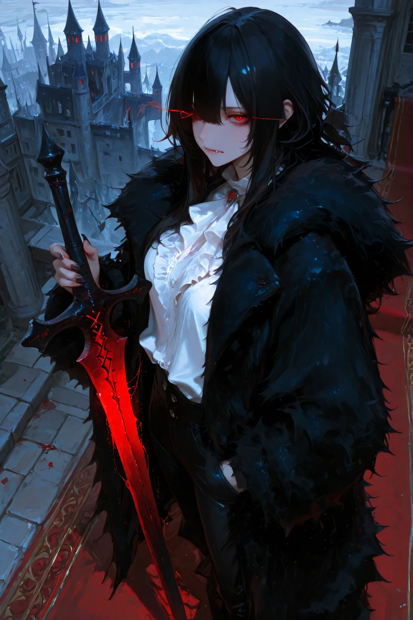 holding sword, 748cmstyle, 1girl, solo, ultrahd, best quality, highres, beautiful eyes, best eyes, good eyes, wolf cut, long hair, disheveled hair, fur coat, white blouse, black pants, castle, red eyes, eye trail, vampire, fang, mature, view from above, sideview, black fur, black coat, red carpet, dutch shot, black fingernails, claws, blood sword, cursed sword, standing