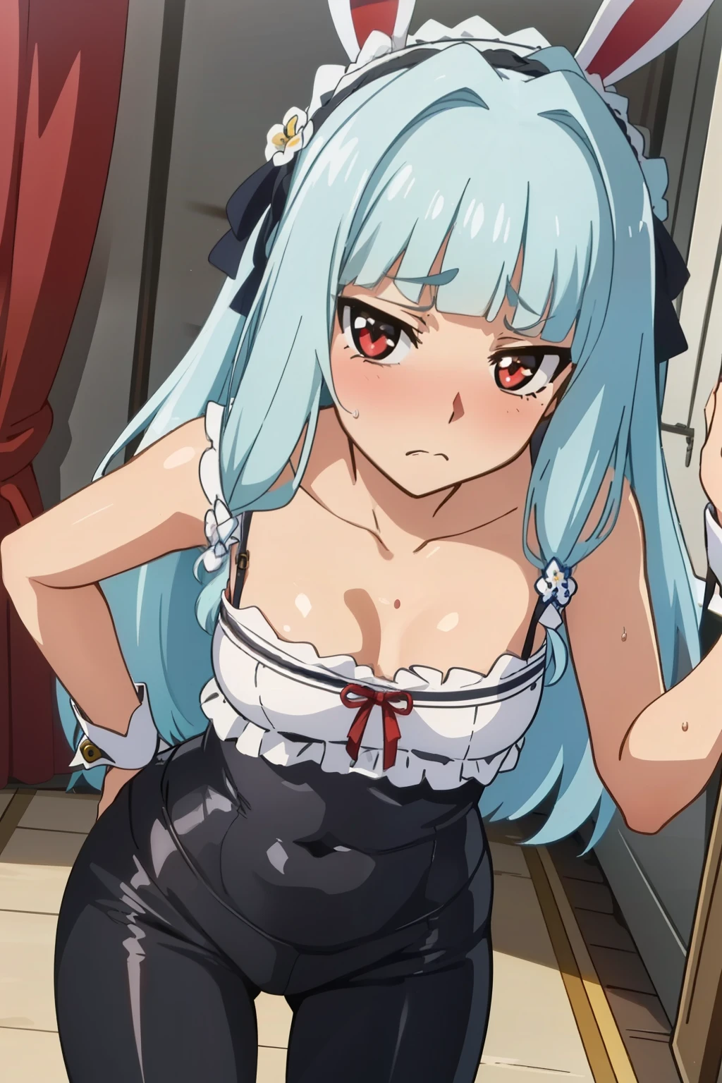 (Top quality, masterpiece, 8k:1.2), (anime coloring:1.2), very detailed, perfect hiar style, beautiful eyes, perfect eyes, detailed eyes, perfect eyebrows, perfect face, detailed face, perfect hairstyle, ultra-detailed, detailed eyes, symmetrical eyes, (dynamic angle), sharp details, oboro, 1 girl,(lolita:1.6), silver hair, long hair, (((slim body))), (small breast), (thin thighs), (((short stature))), red eyes, (bad mood:1.1), beautiful eyes, hair cuffs, hair accessories, hair flaps, bunny ears, blunt bangs, solo, nffsw, (embarrassed expression, blushing:1.3), (dynamic sexy pose), (floral camisole, black leggings, room, standing:1.2), (looking at the viewer:1.2), in the center of the image, (cowboy shot:1.2), dutch angle,