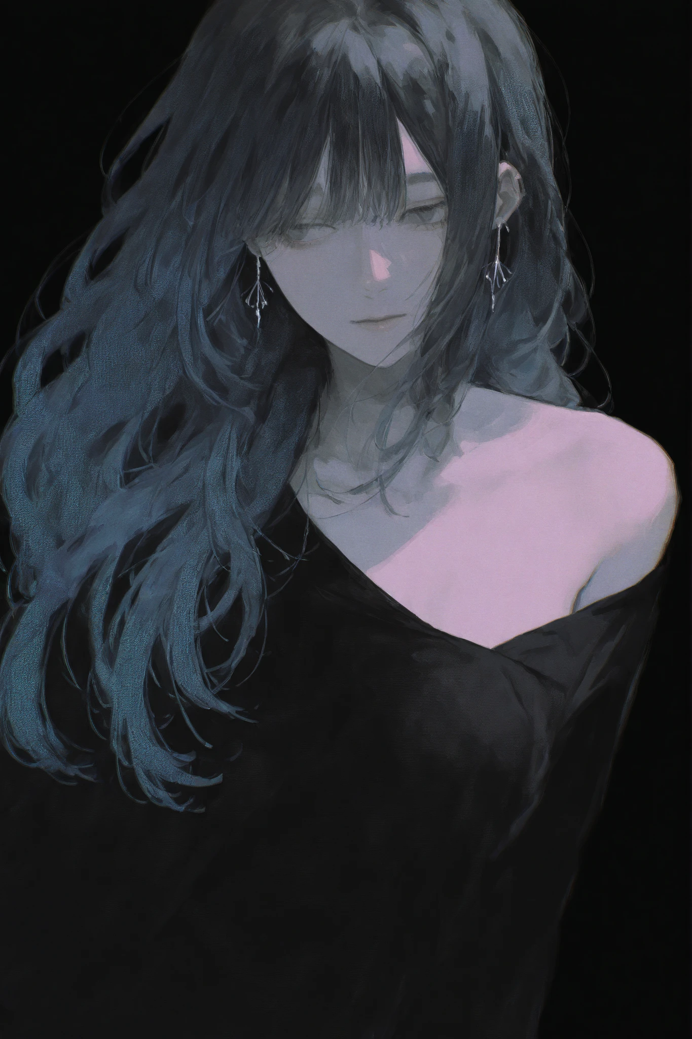 manimani,simple background, screentones, colorful,,lineart,black long hair,gray eyes,mysterious,clothes,natural shadows,one person,black background,age20,vivid,Hair length is shoulder length,mature,simple earrings,Slightly long bangs