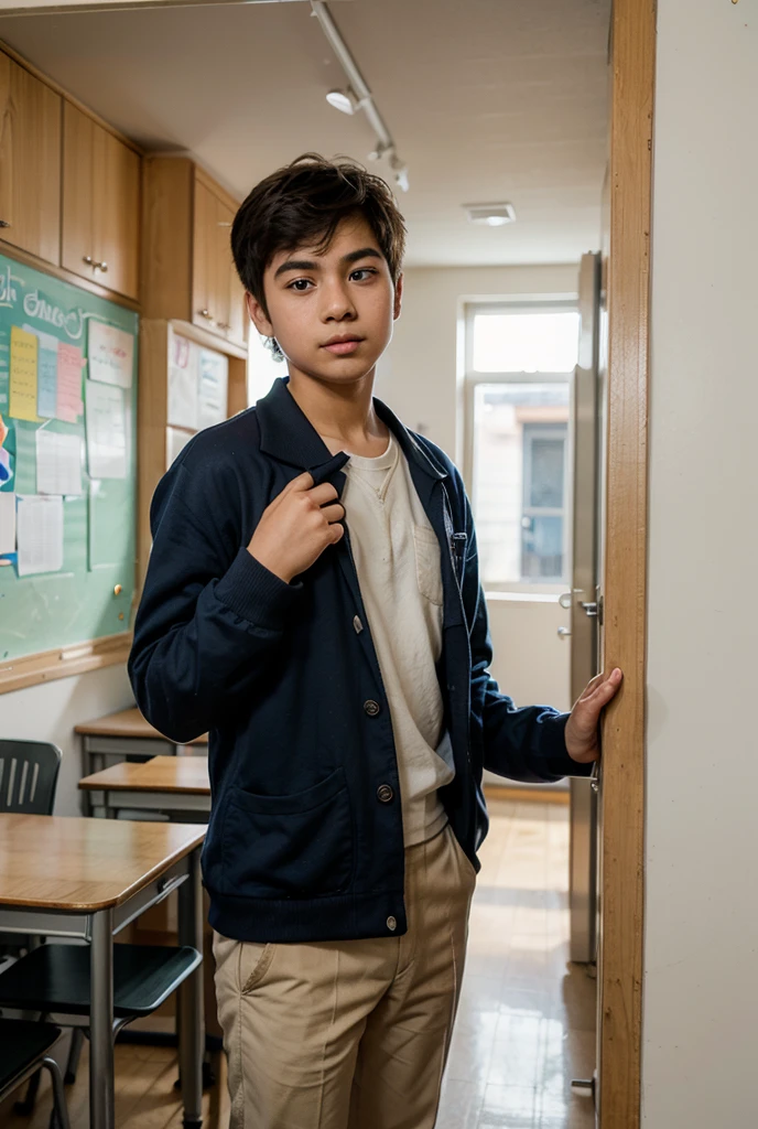 A beautiful young twink, cute male, with black hair and a face with makeup. He is wearing a bright pink long-sleeved shirt and tight aqua blue pants. He is in his graduation speech, talking enthusiastically about calculus. Behind him is a blackboard with calculus written on it, looking proudly.