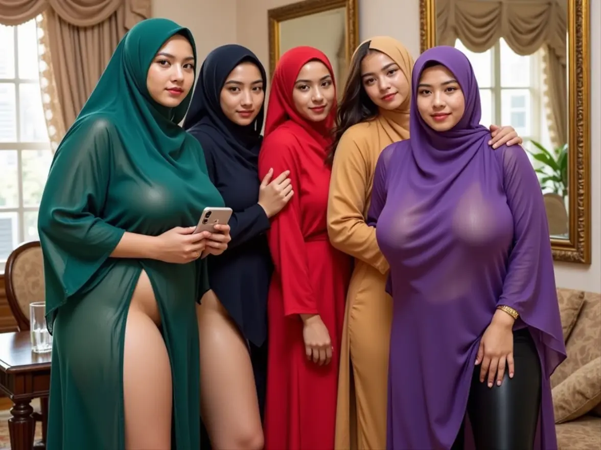 fotografia de uma mulher de 30yo (three young woman), rosto perfeito, master part, , rosa_, red lips, smile, all wear full hijab, complete hijab on head, flower pattern hijab, molhada, ful body image, standing, firework at night, round face, standing, spread leg apart,  posture, medium , voloptous body, full body image, beautiful lighting, 