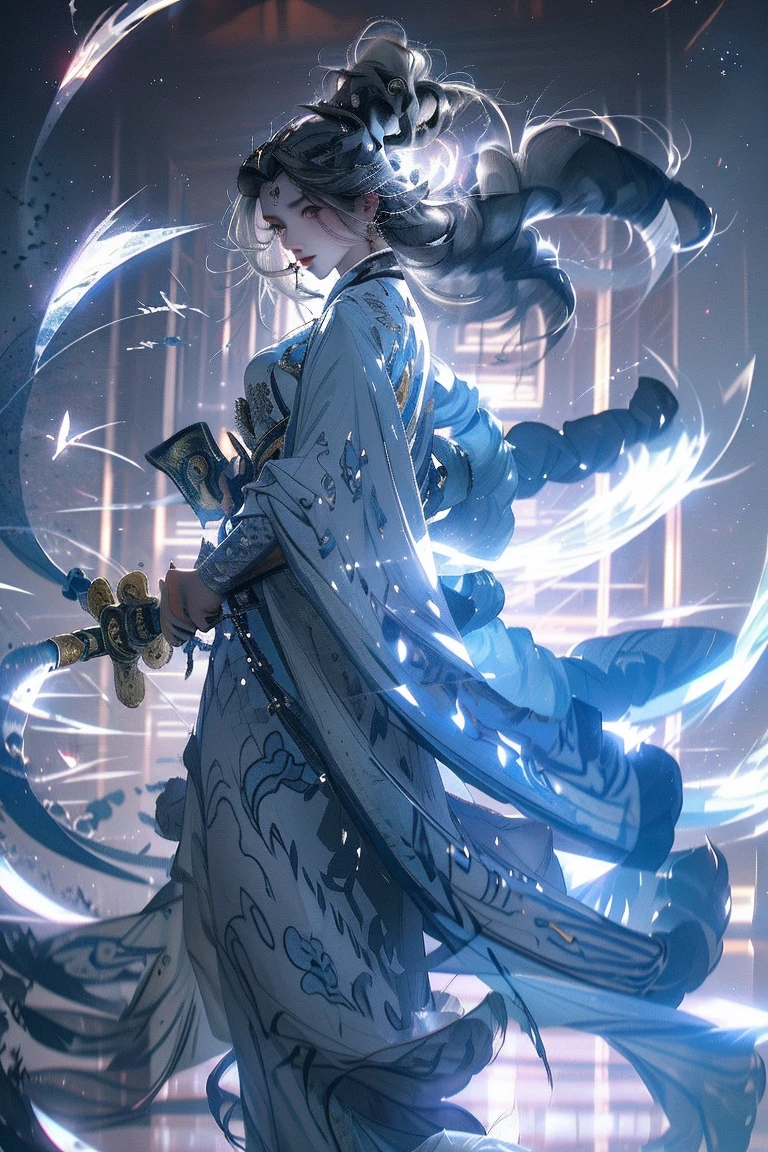 ultra realistic digital oil painting3D, a woman, snowflakes and purple-silver aura glowing out from her body, dancing on the The stone floor is carved with a giant lotus-pattern, is now surrounded by intense huge purplegold-flames glowing on floor, dynamic movement, background is mist mountain, masterpiece,fantasy art,UHD 64k high resolution,intricate detail