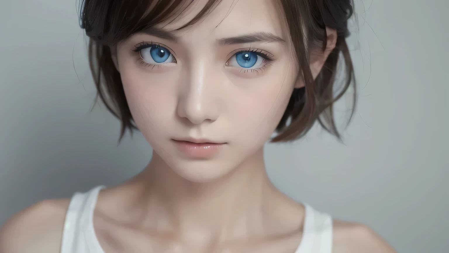 masterpiece, Best Quality , high definition,short hair, blue eyes, 1 girl on break day, alone, eyelashes , bungs, clavicle, white background, Front , staring at viewers, upper body, facing the front, solid color background, clean background, looking at the camera , high definition, Expressionless calm face , 白いbackground, look away , simple_background,Whiteyshirt,high school girl