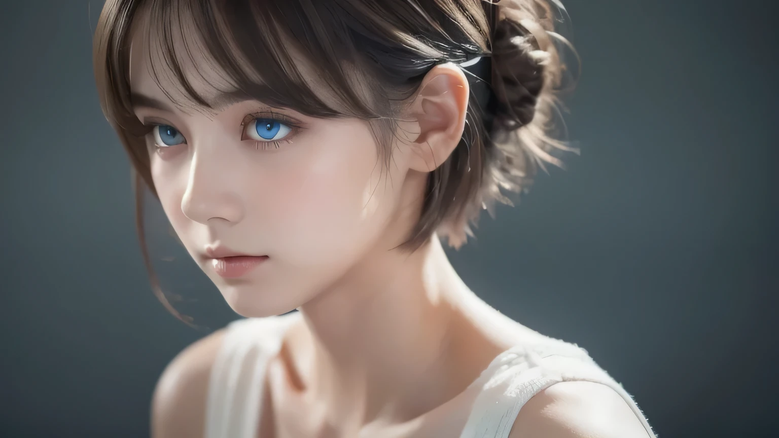 masterpiece, Best Quality , high definition,short hair, blue eyes, 1 girl on break day, alone, eyelashes , bungs, clavicle, white background, Front , staring at viewers, upper body, facing the front, solid color background, clean background, looking at the camera , high definition, Expressionless calm face , 白いbackground, look away , simple_background,Whiteyshirt,high school girl