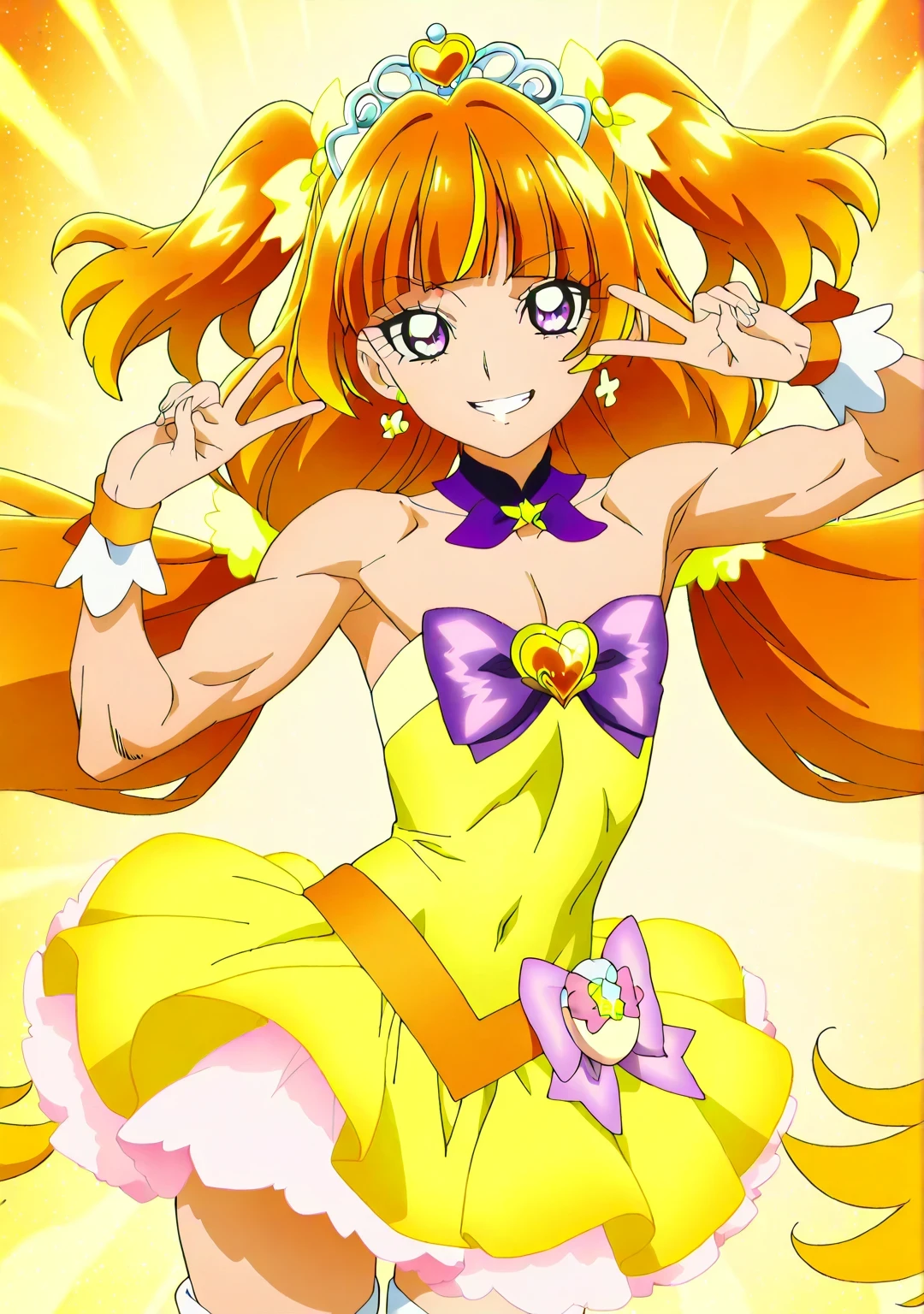 傑作、best quality、best resolution、best image quality、amazing quality、 very aesthetic、 absurdres、anime coloring、anime screencap、anime screenshot、1boy、cure twinkle is a boy warrior、(male:1.6)、official anime style、boy is wearing a yellow strapless dress、orange brown haired boy、official art、solo、long hair、orange hair、low tied long hair、multicolored hair、brown hair、two tone hair、gradient hair、streaked hair、blunt bangs、high short twintails hair、low two side up hair、quad tails、tiara、golden hair accessories、official art style、Jewelry brooch、muscular and strong、white boots、yellow mini dress、sexy、official anime artwork、thigh boots、strong muscles、yellow tutu skirt、purple bow、yellow bow、anime screencap、sparking magical boy、sexy atmosphere、purple puffy mini skirt、layered skirt、ultra mega super hyper sexy、purple puffy mini skirt underneath yellow tutu skirt、男性的で筋肉質、official artwork、anime prince、purple eyes、official anime artwork、muscular man、wrist cuffs、purple bow tie、orange belt、collarbone、trapezius、covered midriff、covered abs、covered navel、 covered stomach、upper pectoralis major、covered pectoralis major、flat chest、biceps、biceps long head、biceps short head、triceps、triceps medial head、triceps lateral head、triceps long head、deltoids、anterior deltoids、middle deltoids、posterior deltoids、thigh muscles、semitendinosus muscles、covered hamstrings、covered adductor magnus muscles、official anime art、bare shoulders、bare arms、bare bare thighs、anime lewd boy、anime sexy boy、anime bratty boy、anime provocative boy、(manly:1.6)、yellow strapless dress、sexy boy、cool boy、adult boy、lewd boy、bratty boy、provocative boy、white thigh high boots、naughty smile、lewd smile、provocative smile、bratty smile、sexy male、heavenly aura、galaxy aura、lewd male、perfect body、perfect hands、perfect legs、male focus、looking at viewer、cure twinkle outfit、cowboy shot、(male body:1.6)、official style、(manly face:1.6)、official art、orange background、purple background、gradient background、two tone background、multicolored background、