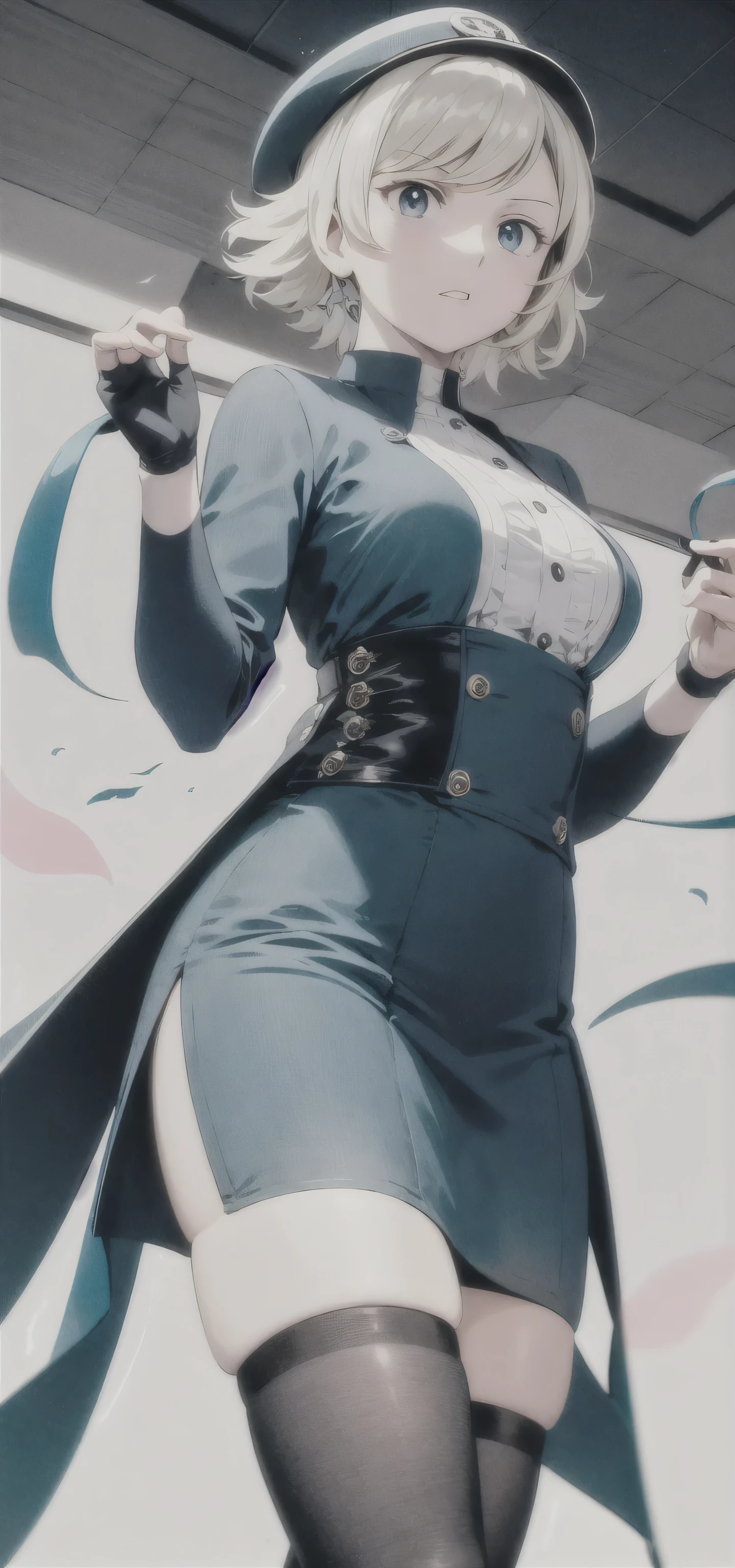 Her Name、Who is the character Agui Hinata。with short blond hair、I'm standing in a stylish and coordinated outfit. This outfit is based on teal blue, has a light blue hat with a slightly darker band on it, A delicate white floral pattern is applied around the hem. Large, color and texture are in harmony with the、vibrant with blue accents The pink flower is fastened with a pin, suggests a bright and stylish character. wears blue stockings that are above the knee and blue shoes to match. fingerless gloves are worn on the hands, look It adds colorful contrast. lustrheus, On top of my head、I'm standing in a stylish and coordinated outfit, ensemble is complete and、adds a touch of sophistication. consists of a long-sleeved jacket and matching skirt, character's waist、The overall style is elegant yet playful.