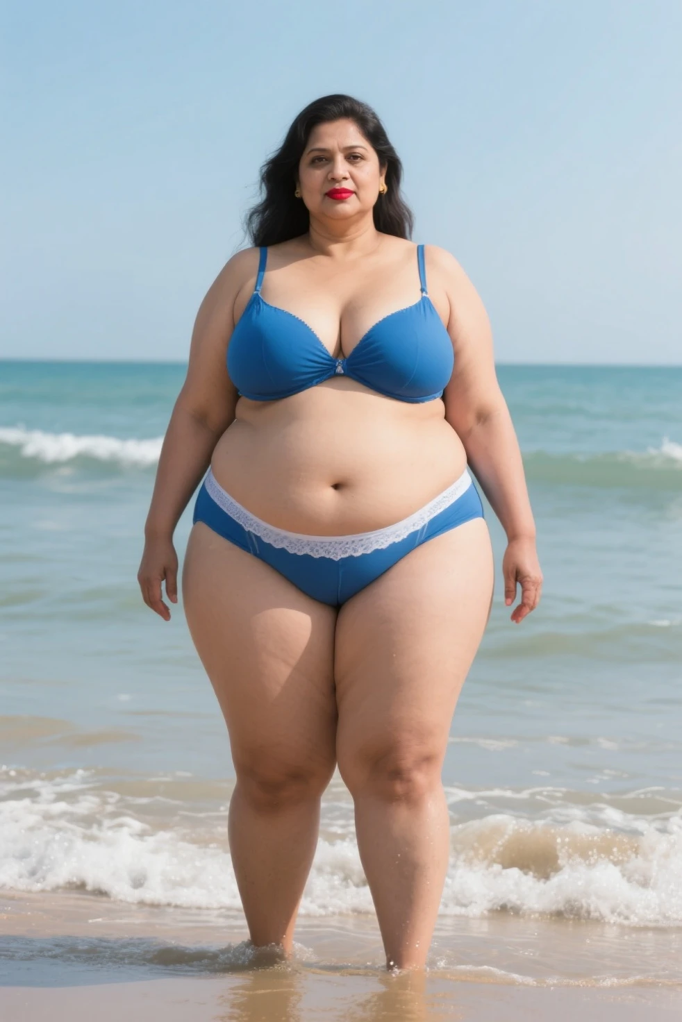 1 Japanese girl,White skin,Sweat,(fat),(very fat face),(Japanese girl,White skin,Sweat,(fat),(Big Beautiful Woman),(over 250kg),(Fat cheeks),(Fat chin),(upturned nose),(Big ????),((1 hilum)),(Fat ????),(Fat belly),(Fat legs)Very realistic,Sea side,(Blue Micro ??????),(??? sticking out),