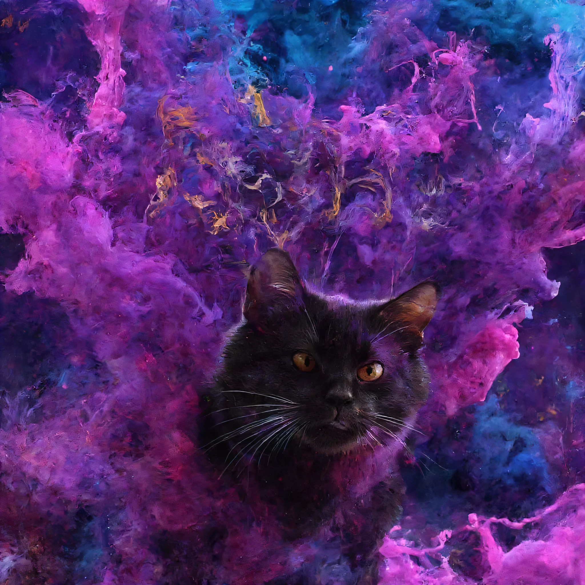 Nandra-Pro Beta、(((プリズムに照らされた猫))), 見事な, artistic scene featuring a black cat set against a deep 黒い背景 where light bends through a prism creating vivid colors like violet, ブルー, 緑, 金 , neon-style プロフェッショナル lettering, の鮮やかな色合いが強く輝き、リアリズムとを組み合わせたプリズム. 見事な, 芸術的なシーンの下では、外側に向かって漂う深い, 黒い背景, where vivid clouds of violet and sapphire ブルー ink swirl gracefully like ethereal mist, 輝く , 有機的なパターンが周囲のインクに輝きます. プロフェッショナル, glowing intensely with vibrant shades of violet and sapphire ブルー. シーンは未来的でありながら芸術的に感じられます, を放ち、光と脈打ちます, 生きているかのように. 芸術的なシーンの下ではかすかな反射がきらめきます, ミステリーな雰囲気を保ちながらその輝きを強調しています. 繊細なインクの巻きひげがまるでネオンの輝き, を通して反射する鮮やかな色合いで強く輝きます視聴者の注目を集めるシュールなエレガンス. Colorful_Ink、