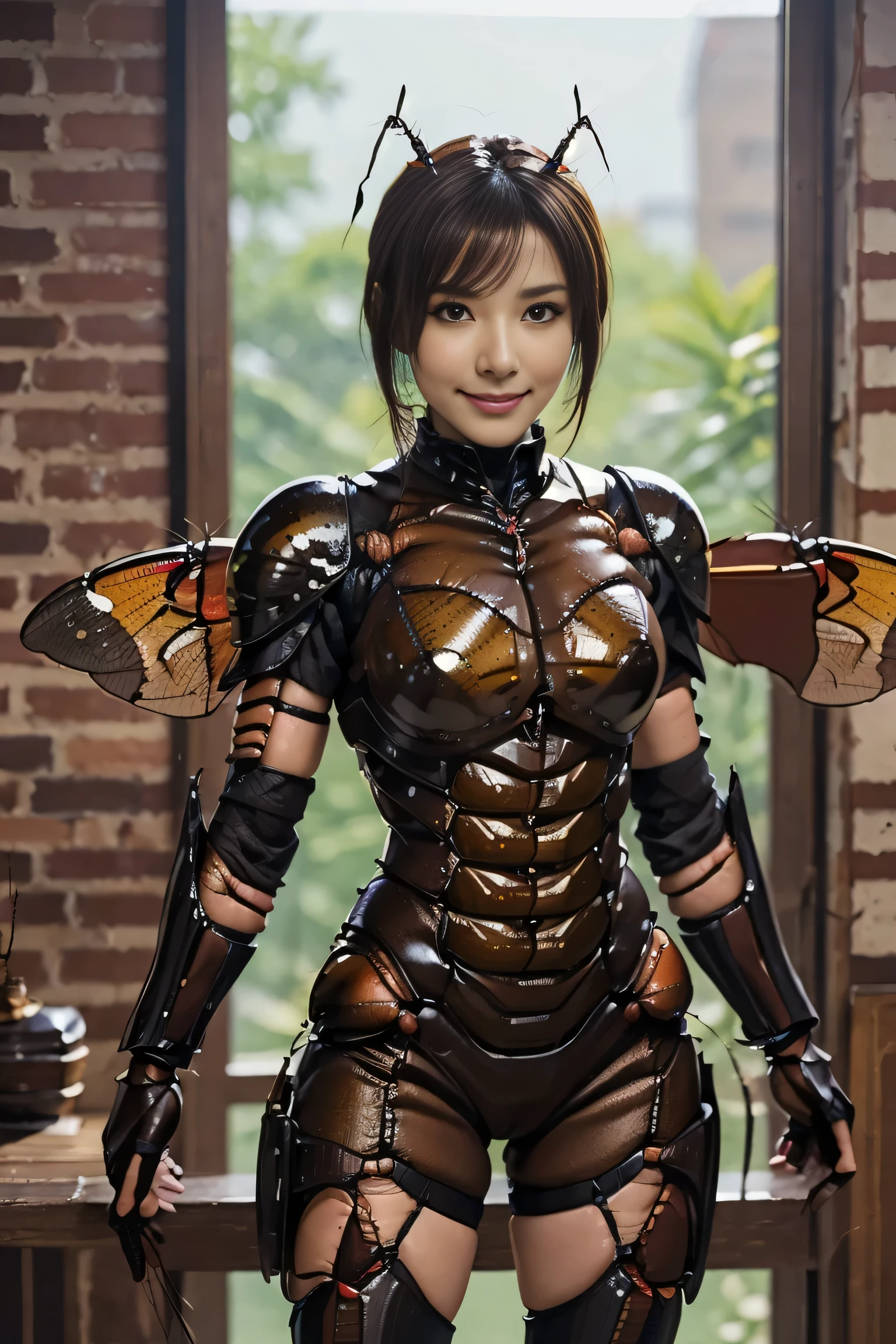 (high resolution,masterpiece,best quality,extremely detailed CG, anime, official art:1.4), realistic, photo, amazing fine details, all intricate, gloss and shiny,awesome many layers, 8k wall paper, 3d, sketch, kawaii, illustration,( solo:1.4), perfect female proportion,villainess, (fusion of dark brown cockroach and lady:1.4), (brown cockroach form lady:1.2), (brown cockroach lady:1.2), (fusion:1.2), (solo:1.4), (evil smile:1.2), muscular, abs, (cockroach brown exoskeleton bio insect suit:1.4), (cockroach brown exoskeleton bio insect armor:1.2), (brown transparency cockroach wing:1.4), (brown cockroach antennae:1.3),