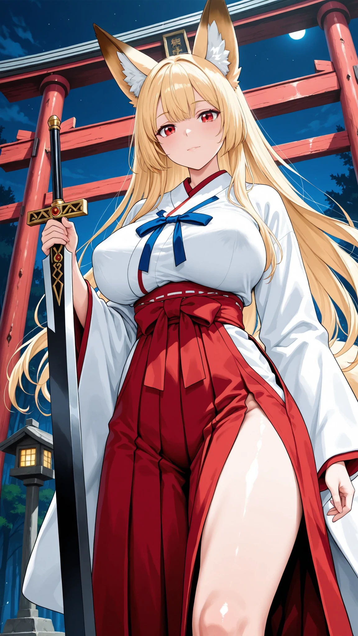 8K (high definition) (Super Detailed) (masterpiece) (Highest Quality) anime illustration detailed eyes detailed face Delicate hair detailed wrinkles on clothes very elaborate body with fine skin healthy skin tone with ro in the background solo (fox ears) Blonde (Red eye) Small blue ribbon (big boobs) gentle expression holding a deer Shrine Maiden Outfit red hakama with a black demon sword Walking through the skyscrapers low angle neon sign、Illumination、Urban Atmosphere