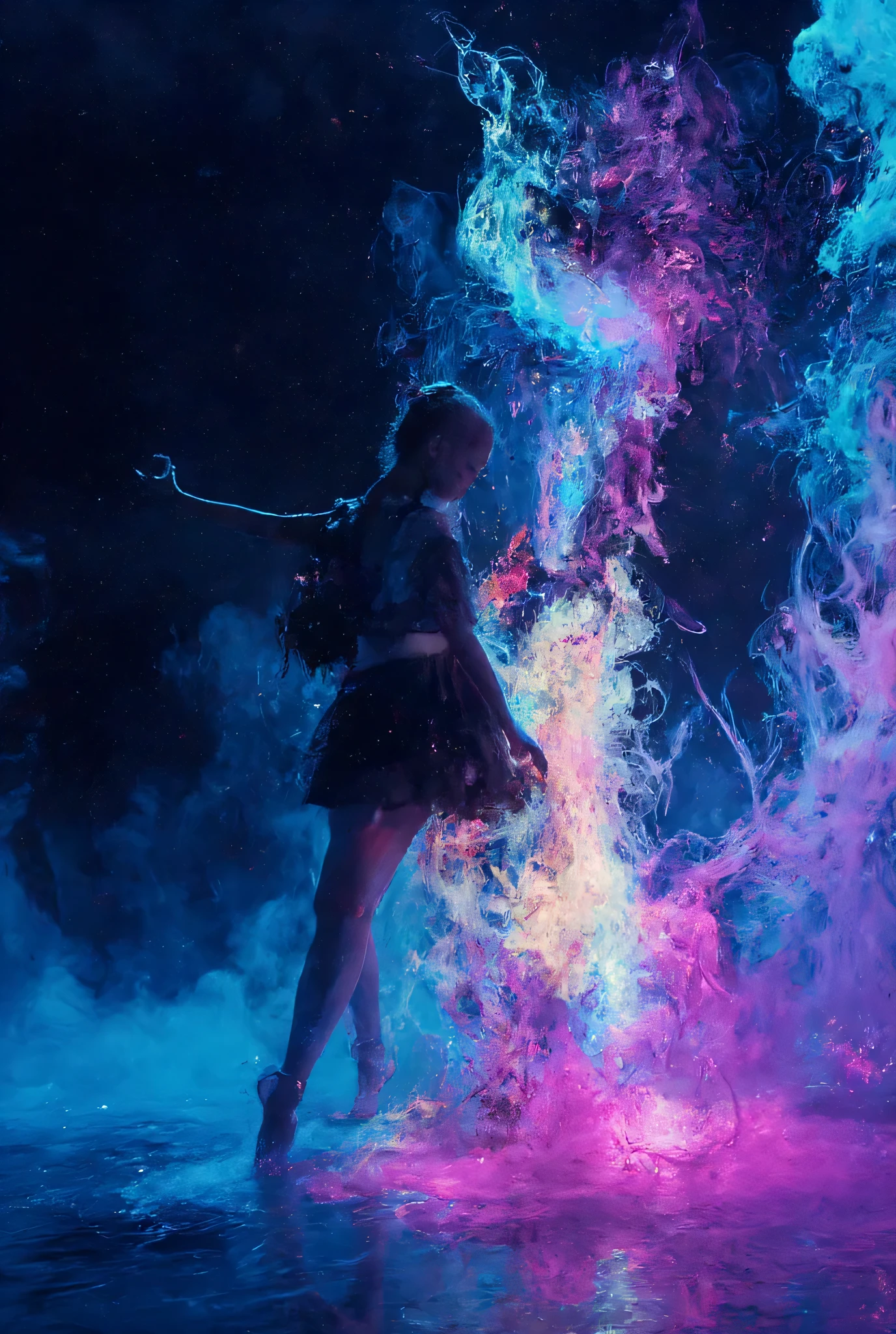 Nandra-Pro Beta、(((Ballet dancer illuminated by a prism,Primadonna))), Wonderful, artistic scene featuring a black ballet dancer、set against a deep Black Background where light bends through a prism creating vivid colors like violet, Blue, green, gold , neon-style Professional lettering, neon-style professional lettering、organic patterns shine in surrounding ink. Wonderful, shine strongly under artistic scenes、vivid colors of, Black Background, where vivid clouds of violet and sapphire Blue ink swirl gracefully like ethereal mist, shines , delicate ink tendrils look like neon Brilliance. Professional, glowing intensely with vibrant shades of violet and sapphire Blue. Subtle reflections sparkle under the artistic scene, Release、Pulsing with light, cat illuminated by a prism. shine strongly under artistic scenesかすかな反射がきらめきます, emphasizes its brilliance while maintaining a mysterious atmosphere. The scene feels futuristic yet artistic, shines strongly with vivid colors that reflect through {x} Surreal elegance that attracts viewers' attention. Colorful_Ink、