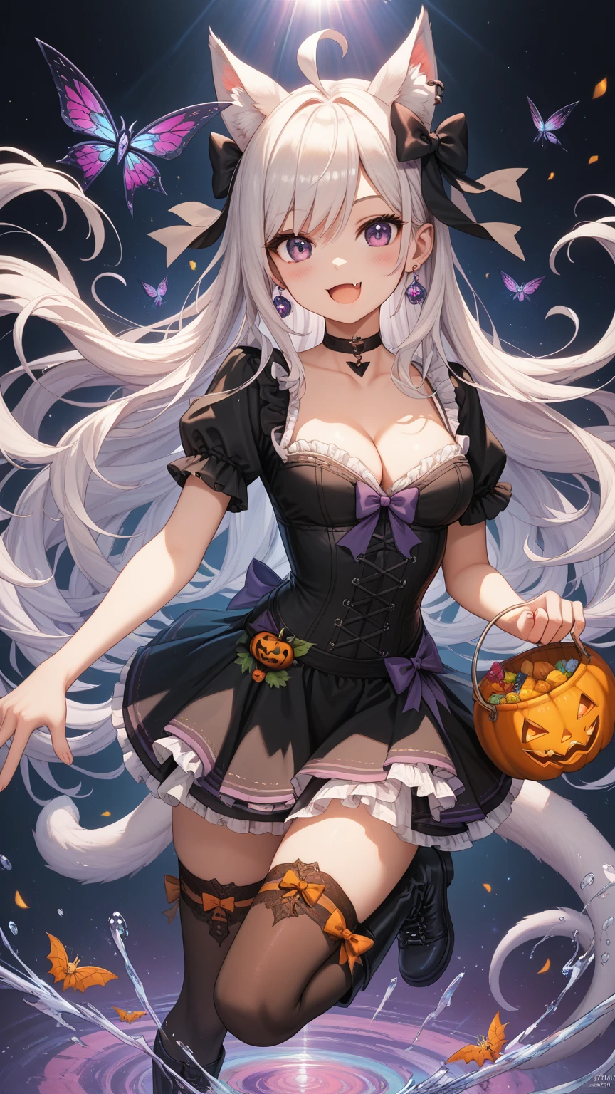 (offcial art、Best quality、Unity 8k壁紙、32K、tmasterpiece、ultra - detailed、超A high resolution、hentail realism、Photorealsitic:1.2)、(Cinematic lighting:1.2)、fire glow effect、Film grains、Best shadows、(Ultra-detailed and complex 3D rendering)、Detailed beautiful face and eyes、Realistic pupils、Sharp pupils、slenderness、Medium bust、(full bodyesbian:1.2)、side lights、 highly detailed back ground、(Super detailed skin、detailed skin textures:1.3)、(Close-up of a group of carved pumpkins in the park, jack-o-lanterns, Pumpkins glow under the trees, halloween atmosphere, halloween scene, jack - o'- lantern, pumpkins, Evil spirits walked around with lanterns, halloween celebration, Halloween, spooky and scary atmosphere, halloween theme, Halloween decorations, halloween night, shutter inventory, Trick or Treat, Edited、Very colorful、vivd colour)、shiny skins、 20-year-old beauty、Beautiful platinum wavy blonde、 Blue eyes、beauitful face、Playboy Bunny、High-top tights、neck bowtie、arms  cuffs、Wear fishnet socks、Black rabbit ears、Ghost pumpkin hair accessory、There is a rabbit tail on the buttocks,,,,,,,,,,,,,,,,,,、Holding a haunted pumpkin in both hands、Put your arms forward、(Happy expression on face、A self-satisfied smile:1.2)、dynamicposes