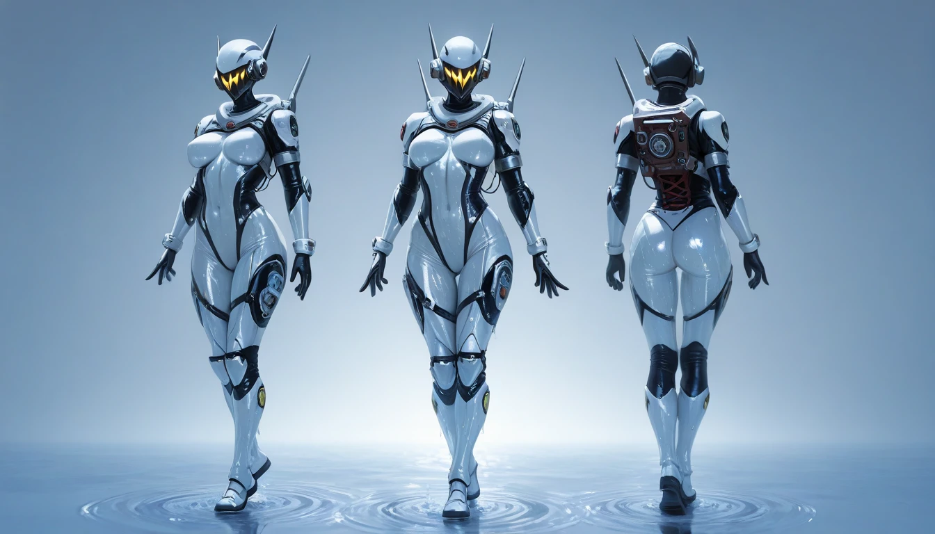 full body character turnaround of the robot, Multiple views of the same robot in the same outfit,
white background, simple background,
sci-fi, alien, armor, humanoid robot, cybernetic, exoskeleton, combat gear, mechanical, advanced technology, sleek design, high-tech weaponry, metallic finish, futuristic, armored suit, robotic, 1girl, weapon, gun, 
<lora:wfMergedTurnXL:.75>
<lora:CharTurnXLRetag_v4:0.25>