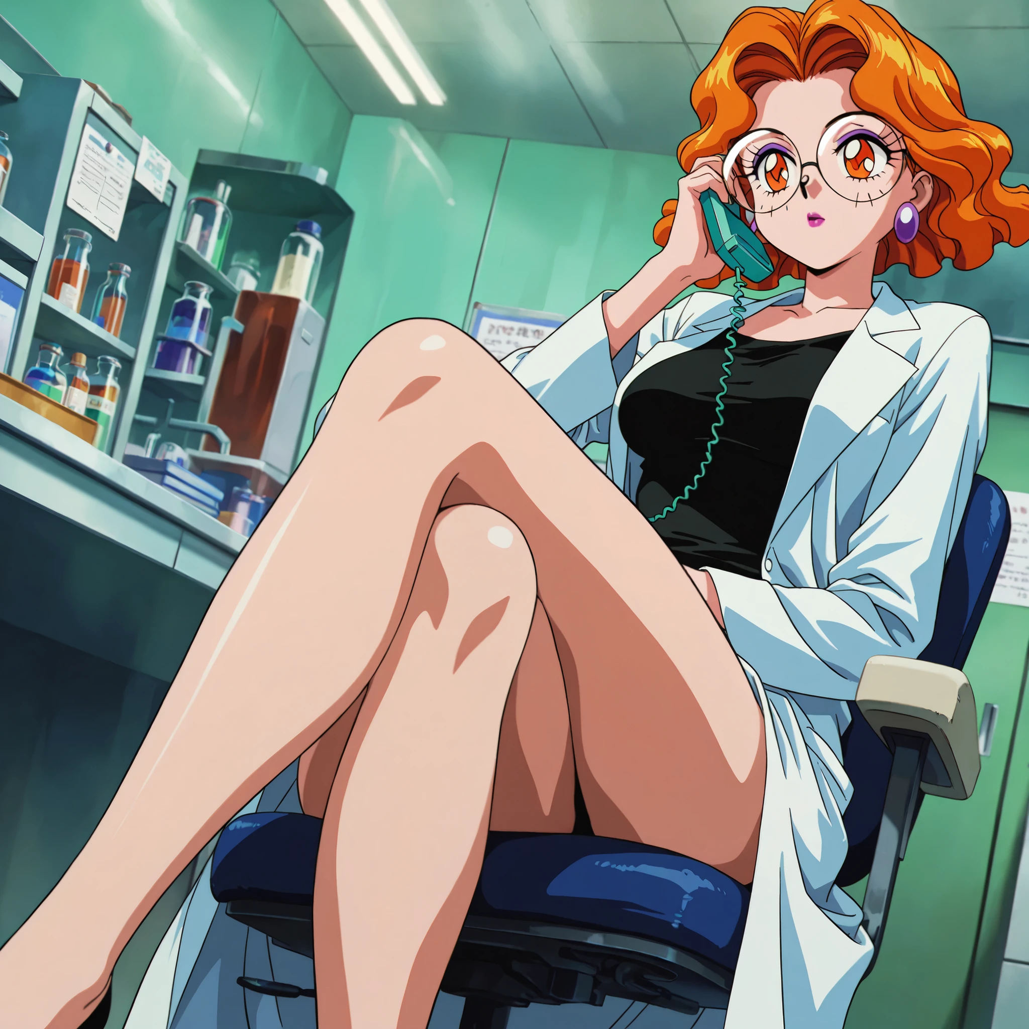 masterpiece, amazing quality, best quality, ultra-detailed, 8K, illustration, ultra-detailed-eyes, soft skin, very awa, very as2, soft body, 1990s \(style\), official art, Mimete, medium breasts, earrings, orange hair, orange eyes, makeup, lipstick, glasses, labcoat, white labcoat , laboratory , indoors, sitting,crossed legs,lil girl, talking on phone, fronted, focused, solo,closed labcoat