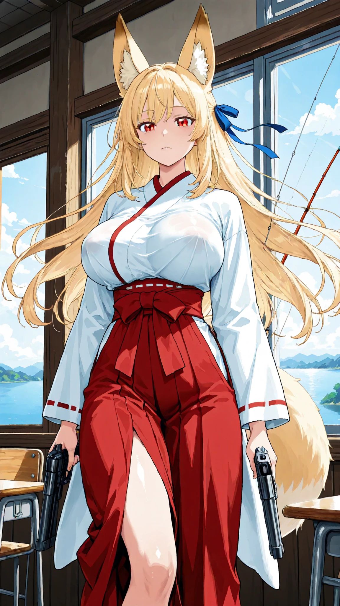 8K (high definition) (Super Detailed) (masterpiece) (Highest Quality) anime illustration detailed eyes detailed face Delicate hair detailed wrinkles on clothes very elaborate body with fine skin healthy skin tone with ro in the background solo (fox ears) Blonde (Red eye) Small blue ribbon (big boobs) gentle expression holding a deer Shrine Maiden Outfit red hakama school classroom carry handguns Stand by the window wind to the enemy Mysterious Atmosphere