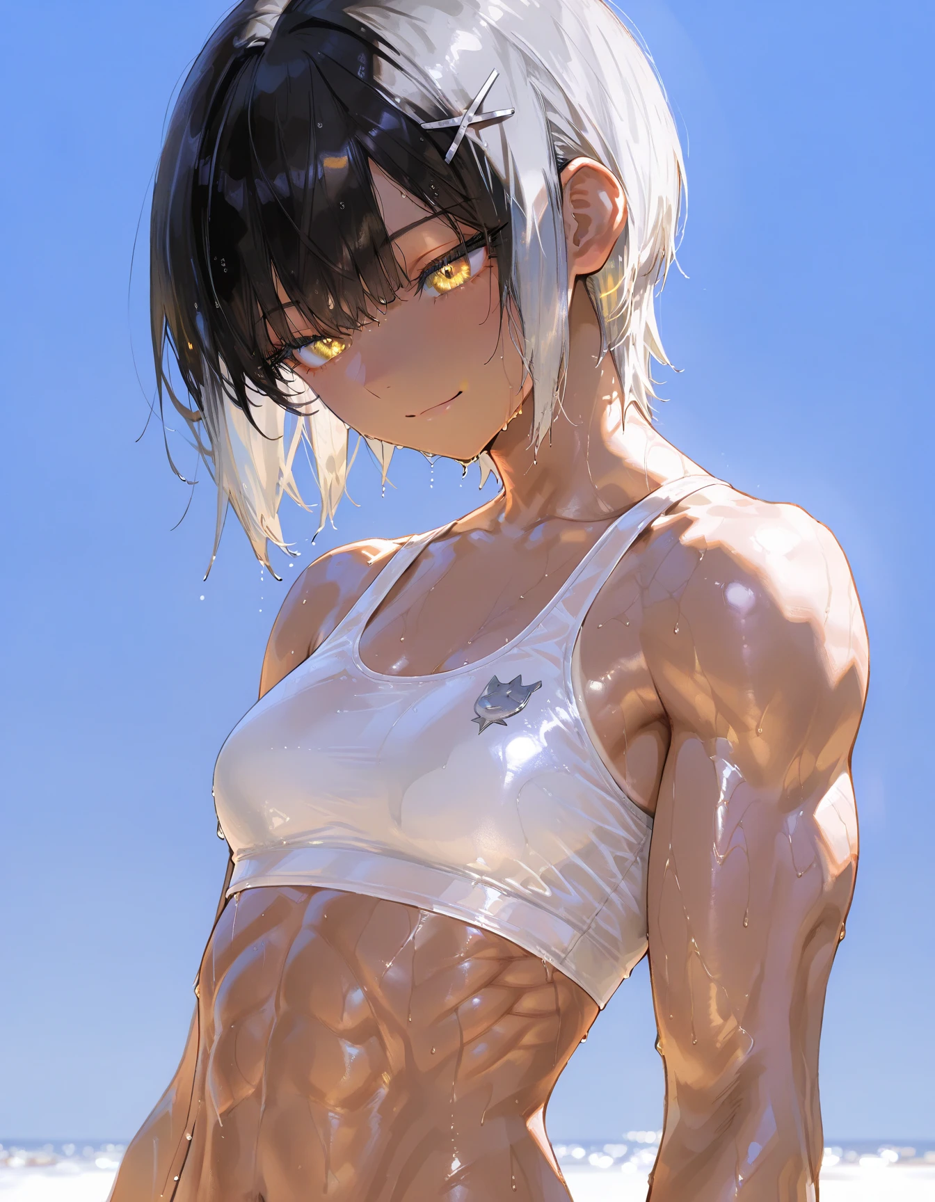 girl, ripped abs, armpits, biceps, bikini, , white hair, short hair, messy hair, black eyes,  face