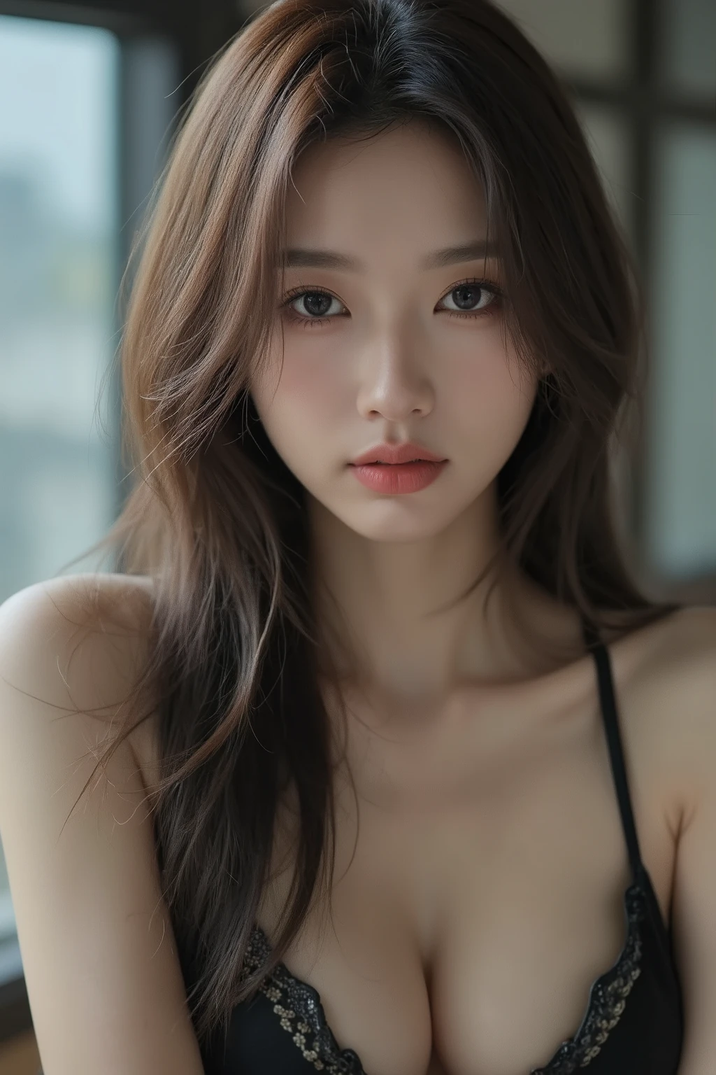 NSFW、Japanese woman、25 talents、brown hair、masterpiece, Highest Quality, Realistic, 4-Angle View Capturing the Expression of Determination, RGB Lighting in the Morning Creates Dramatic Shadows,studio lighting with a serious face、 Bokeh Effects on Glass Partitions in the Background, detailed lingerie、Ultra High Definition, DSLR photography, 50MM lens(F value )/1.4, Professional Portraits、Detailed Skin Texture, Vivid Eyes with Catchlights, hair with natural movement,(big boobs),sexy lingerie、Sexy Body、Whipping Body、full body shot、sexy pose