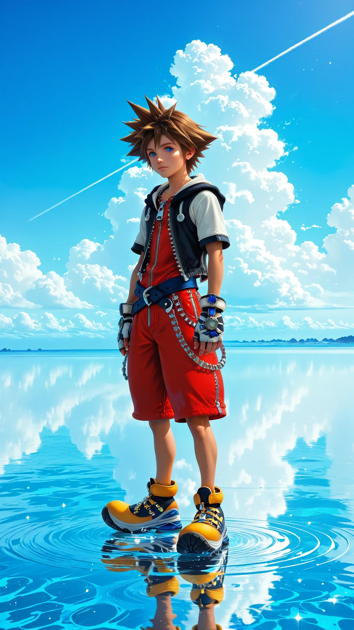 1boy, solo, brown hair, spiked hair, blue eyes, hood, zipper, fingerless gloves, chain, shoes . A vast, ocean the bright blue sky and white clouds above, creating a perfect illusion of walking in the sky . horizon, standing on liquid