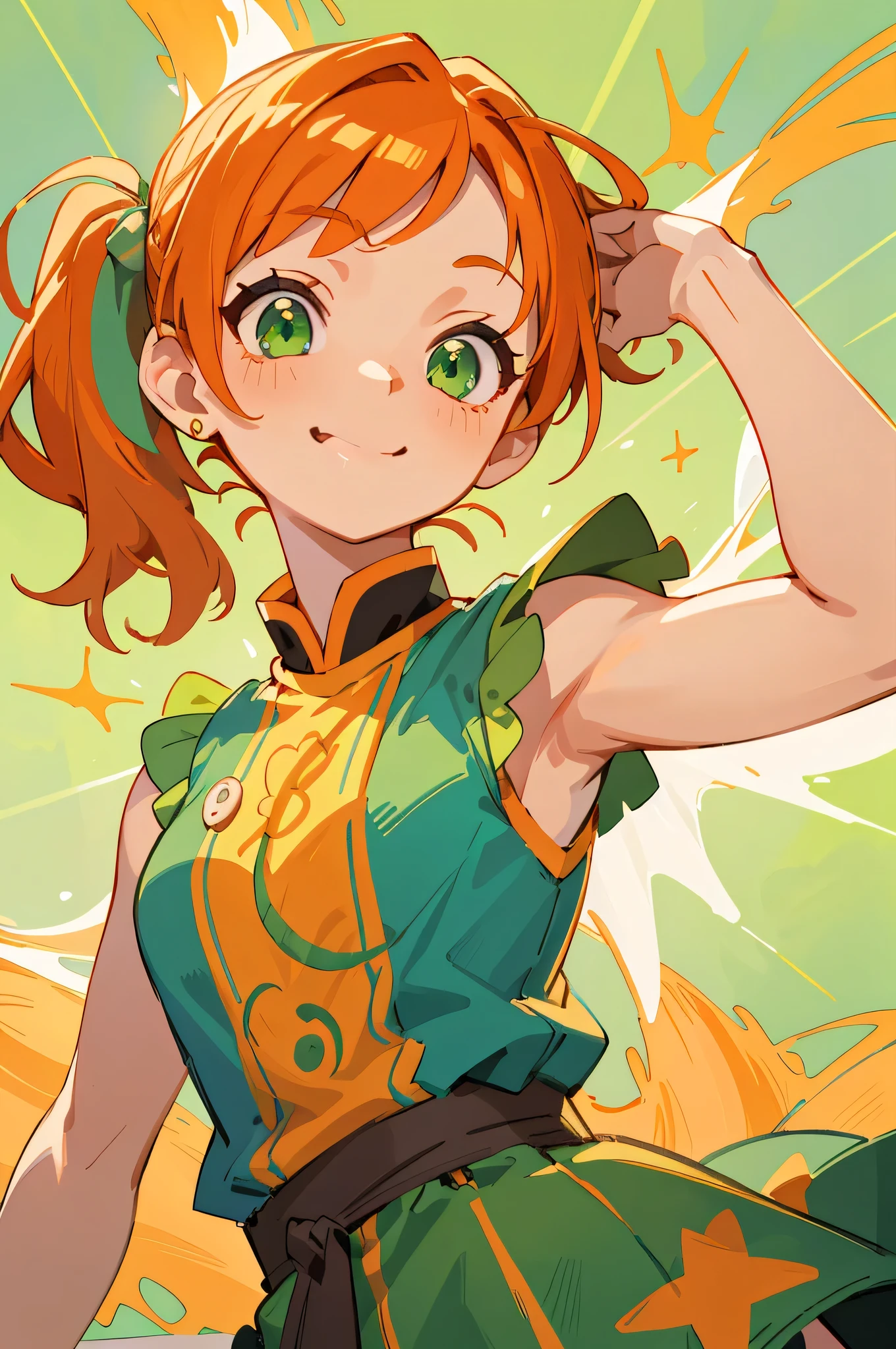 masterpiece、Highest quality、1girl、anime painting、Orange Hair、Beautiful green eyes、Side Ponytail、Sleeveless shirt、Clothes with ethnic patterns and primary colors、skirt、Upper body close-up、Laughing with your mouth open、Cinema Lighting、Sharp contours