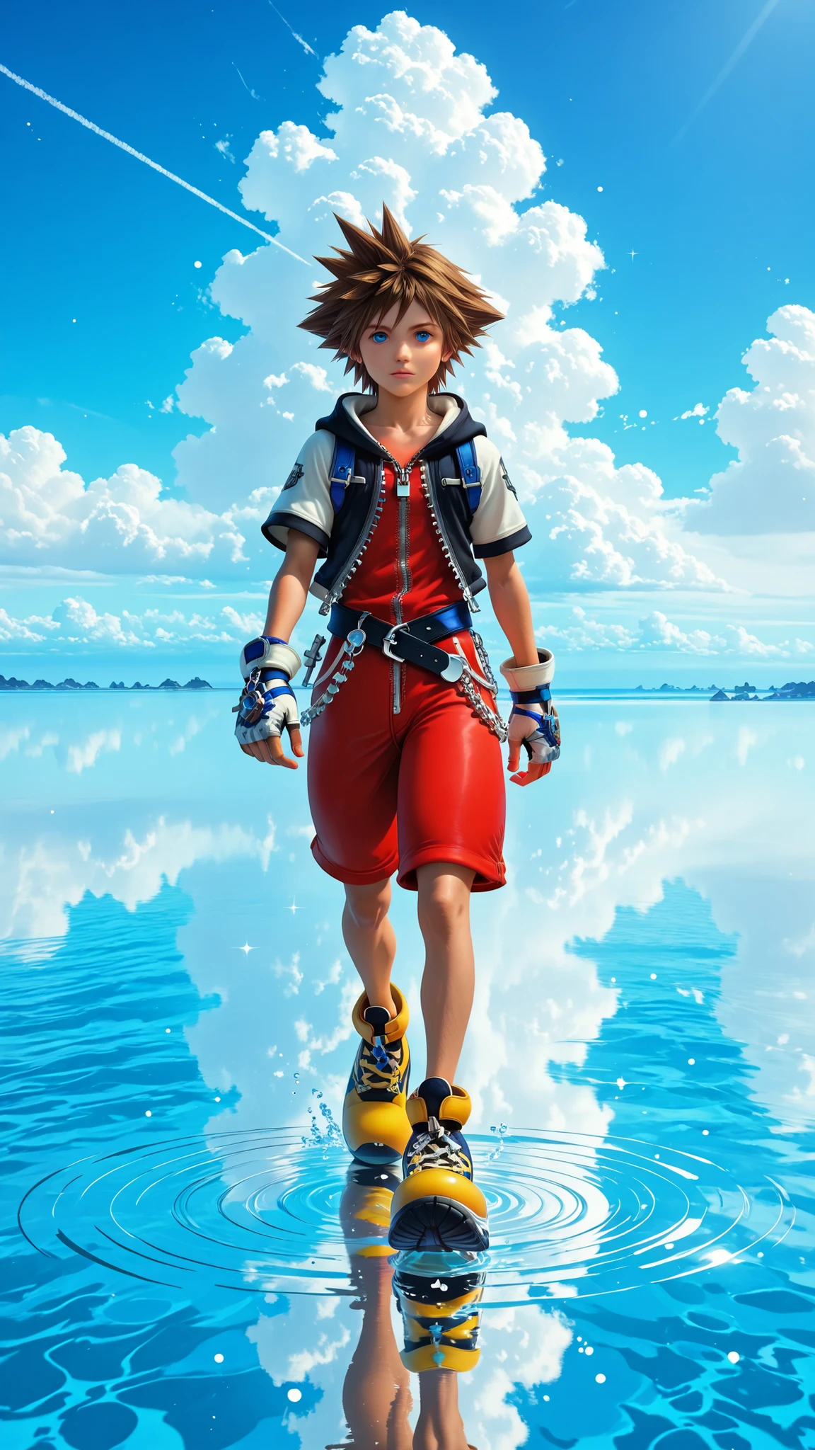 1boy, solo, brown hair, spiked hair, blue eyes, hood, zipper, fingerless gloves, chain, shoes . A vast, ocean the bright blue sky and white clouds above, creating a perfect illusion of walking in the sky . horizon, standing on liquid