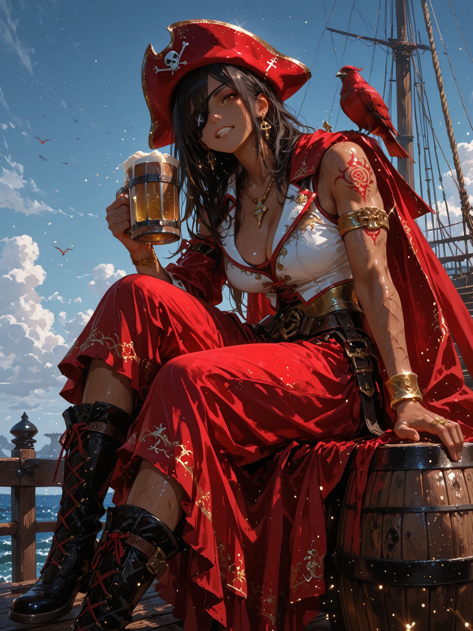 748cm style,,atnr,action pose, Dynamic Poses, dynamic action, Dynamic Angle, dynamic point of view, dynamic color, dynamic light, Holding a weapon,4K, super high resolution on a pile, masterpiece, cinematic lighting, Realistic and detailed , normal human body, Detailed human body, Five Fingers, detailed textures. high seas, Pirate Ship, On deck. Female pirates , full body. Long black hair perm, red pirate hat, black eyepatch, Blonde ornaments, big brown eyes, shows teeth and laughs, losing sunburned skin, brown skin, wounded body , Muscular Skin , precious metal necklace, gold bracelet, gold armband, earrings, Red Tattoo, red tribal tattoo, big, Breast Sagging, Pure white vest with gold embroidery, red flowing cape with gold embroidery, holding a beer mug strongly on a small barrel, LEANS ON THE BACKREST, I'm wearing a red long skirt with gold embroidery, sitting with legs on a barrel, wearing black boots, red bird perched on the shoulder. Scattered Gold Particles, Sparkling particles. Cinematic colors, Five Fingers, Dynamic Composition, Refined Graceful Poses.