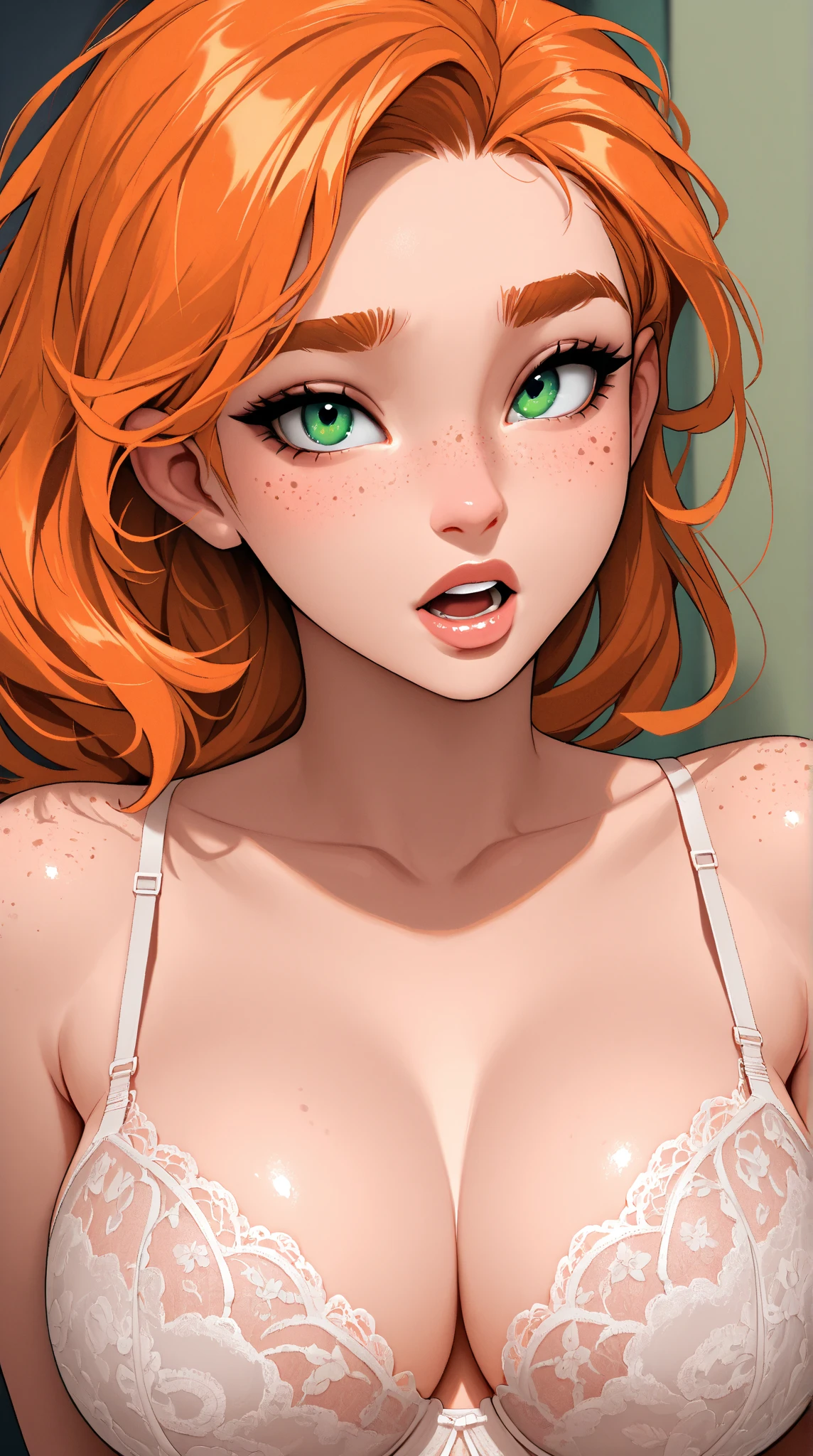 tall woman(green eyes; loose long red hair; blushing; freckled cheeks), Disney-style cgi, naked, legs splayed, no clothes; indoors; missionary; best quality; trending on artstation; doing a sexy-pose for the viewer