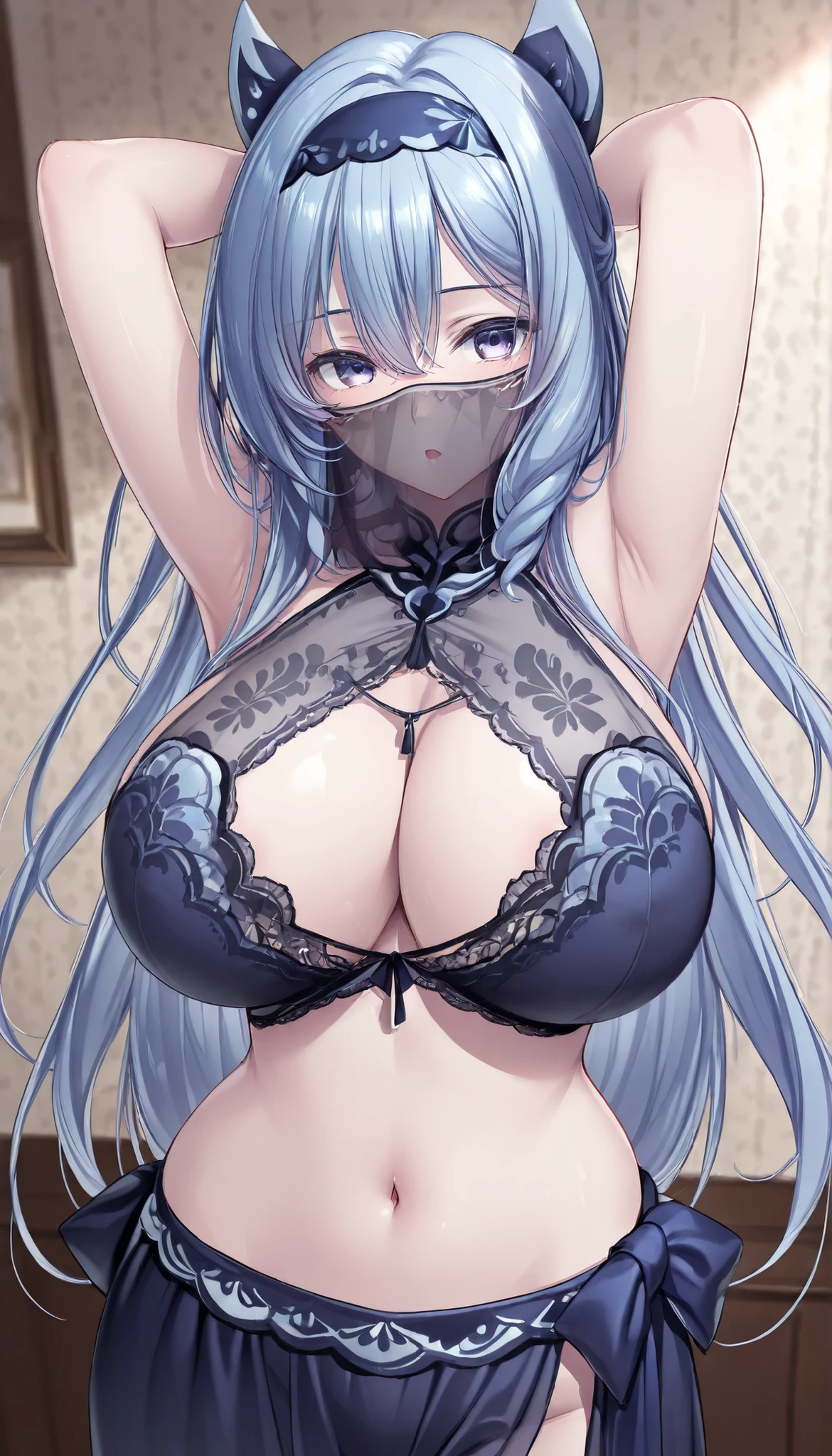 {{masterpiece}}、{{Highest Quality:1.3}}、{{Super Detailed:1.3}}、( looks like an adult)、Pretty Eyes、perfect human body、(１ adult woman、solo)、pale blue hair、(The inner color is white )、(Watery eyes )、 Slim、big boobs、beautiful faces、{{very delicate and beautiful}}、high definition、cinematic、dancer style lace sexy outfit、face veil、(place your hands behind your head)、opens your mouth wide、navy blue headband、angle(beside)