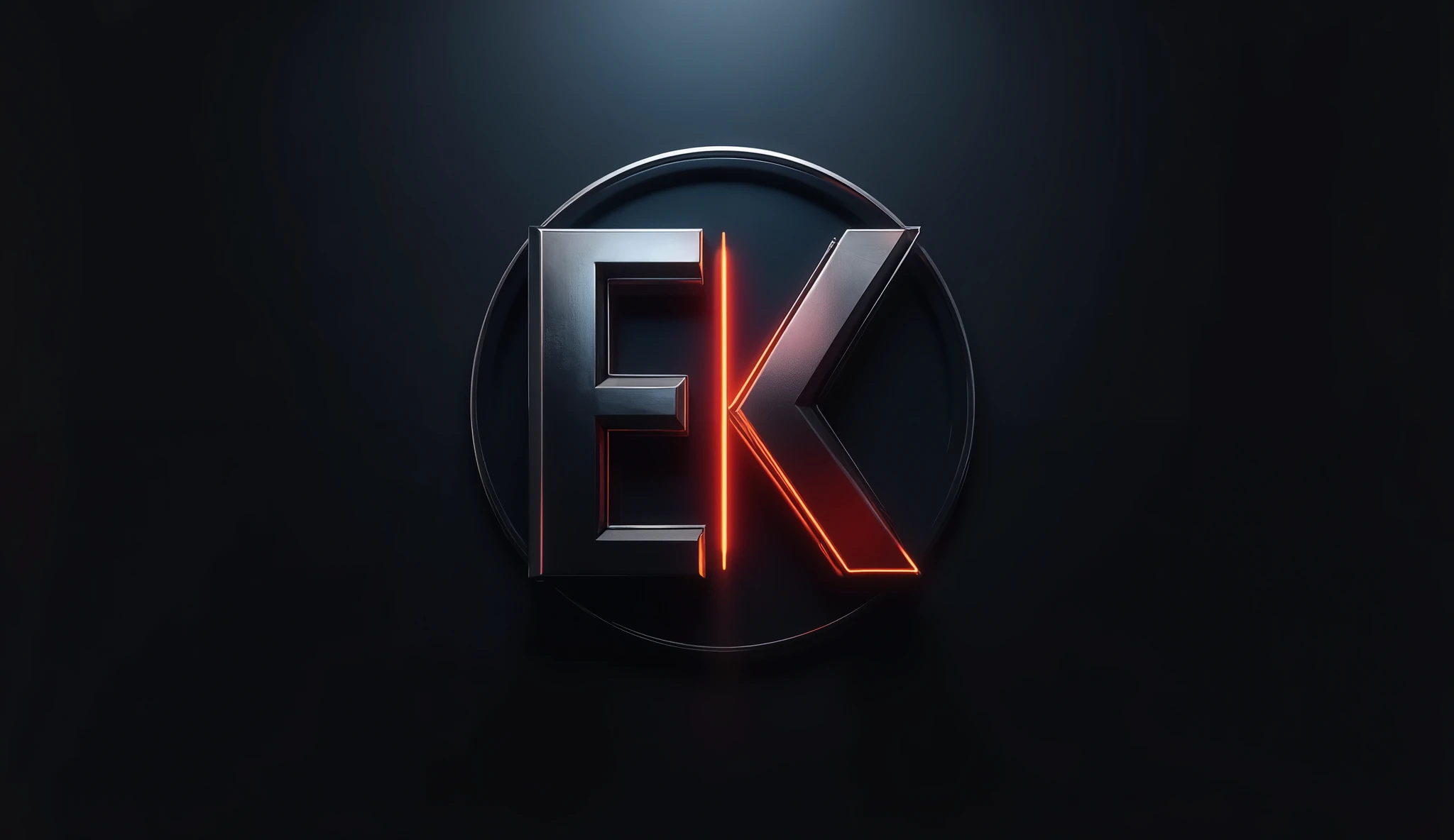 Create logo inside a circle of steel and retro neon, with a font in capital letters and in a minimalist and modern style of "EK ", the logo occupies the inside of the circumference, adapting the text to the curvature of the inside of the circumference, dark and metallic background with some reflection of the logo and neon light behind it
