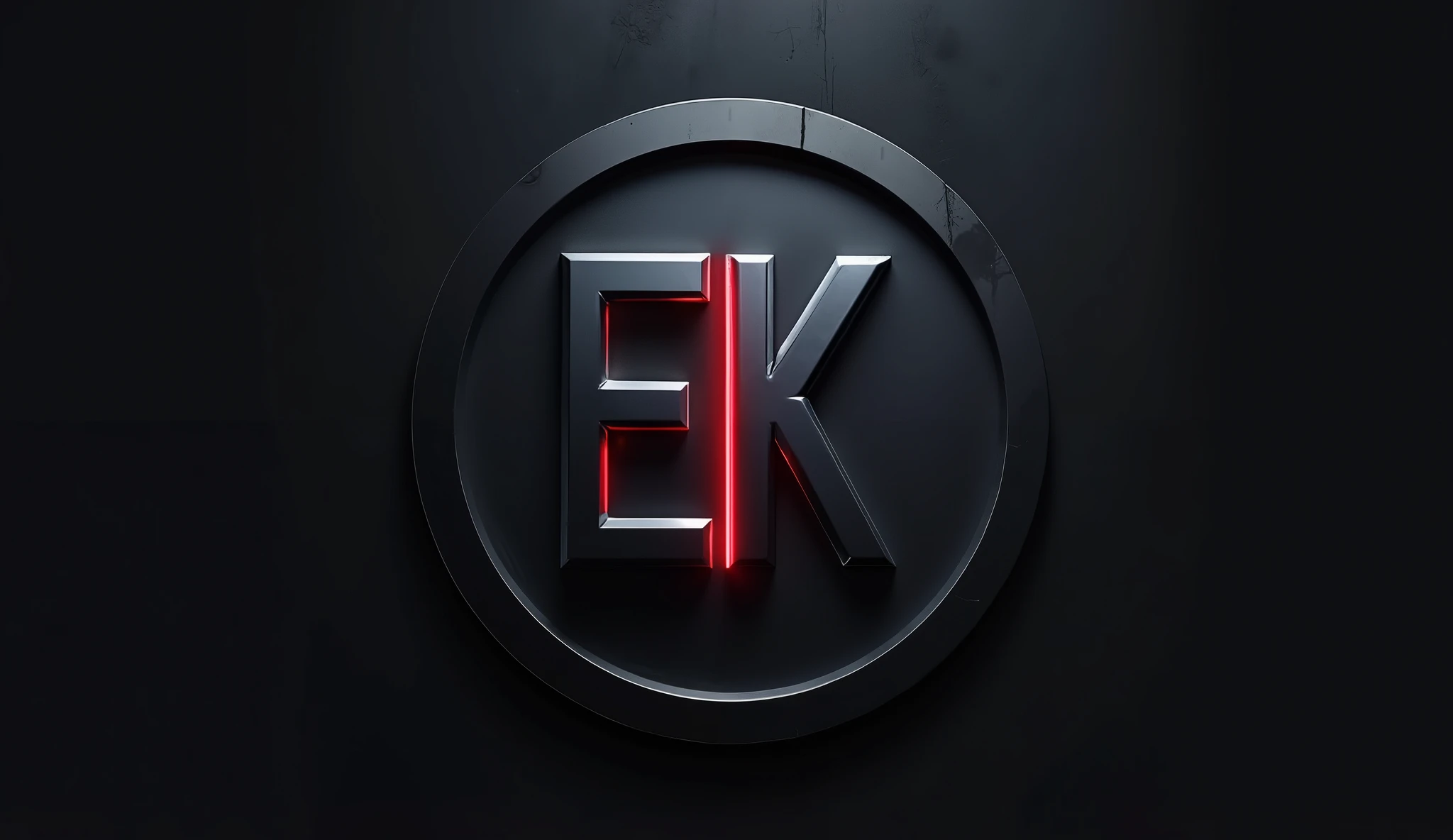 Create logo inside a circle of steel and retro neon, with a font in capital letters and in a minimalist and modern style of "EK ", the logo occupies the inside of the circumference, adapting the text to the curvature of the inside of the circumference, dark and metallic background with some reflection of the logo and neon light behind it