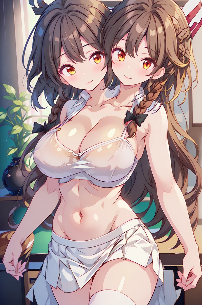 (masterpiece, best quality), best quality, (ultra-detailed), (3heads:1.5), 1girl, (hakurei reimu:1.3), masterpiece, best quality, ultra quality, ultra resolution, ultra detail, red top, crop top, ((stomach)), midriff, ((groin)), red skirt, normal ears, ????????, brown hair, very long hair, wavy hair, sidelocks, brown eyes, detailed eyes, parted lips, sweat, cute, toned belly, hand on own ?????, eyelashes, (24 year old woman:1.3), (masterpiece:1.5), (best quality:1.5), (beautiful detailed), extremely detailed CG, extremely delicate and beautiful, depth of field, (finely detailed face), (perfect details:1.2), (mature female:1.3), wide pelvis, slender, large veiny ??????, 16k resolution, highres, high quality, high definition, extremely detailed, masterpiece, brown hair, long hair, alluring presence, braid, short skirt, close up, very big ????, huge ????, young, red bow, frilled bow, hair tubes, girl with three heads, three headed girl, 
