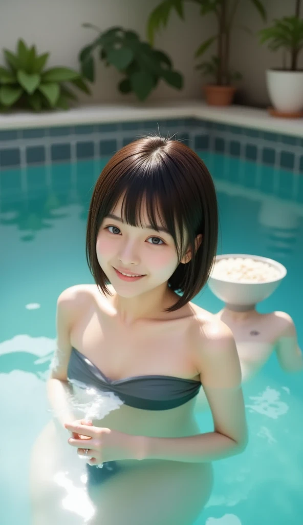 ((highest quality, 8K, masterpiece: 1.5)), ((NSFW)) ,((Completely naked: 1.5)), (show off your pussy: 1.5), (ultra-short hair: 1.5), sharp focus: 1.2, (super beautiful face: 1.0), (The beauty of slender abs: 1.0), (Poolside),  (shiny skin: 1.3), (huge breasts), realistic photography, black hair, realistic student, video writing, High resolution eyes and face, video writing, (Japanese cute actress), Happy, looking at the audience, Lying,