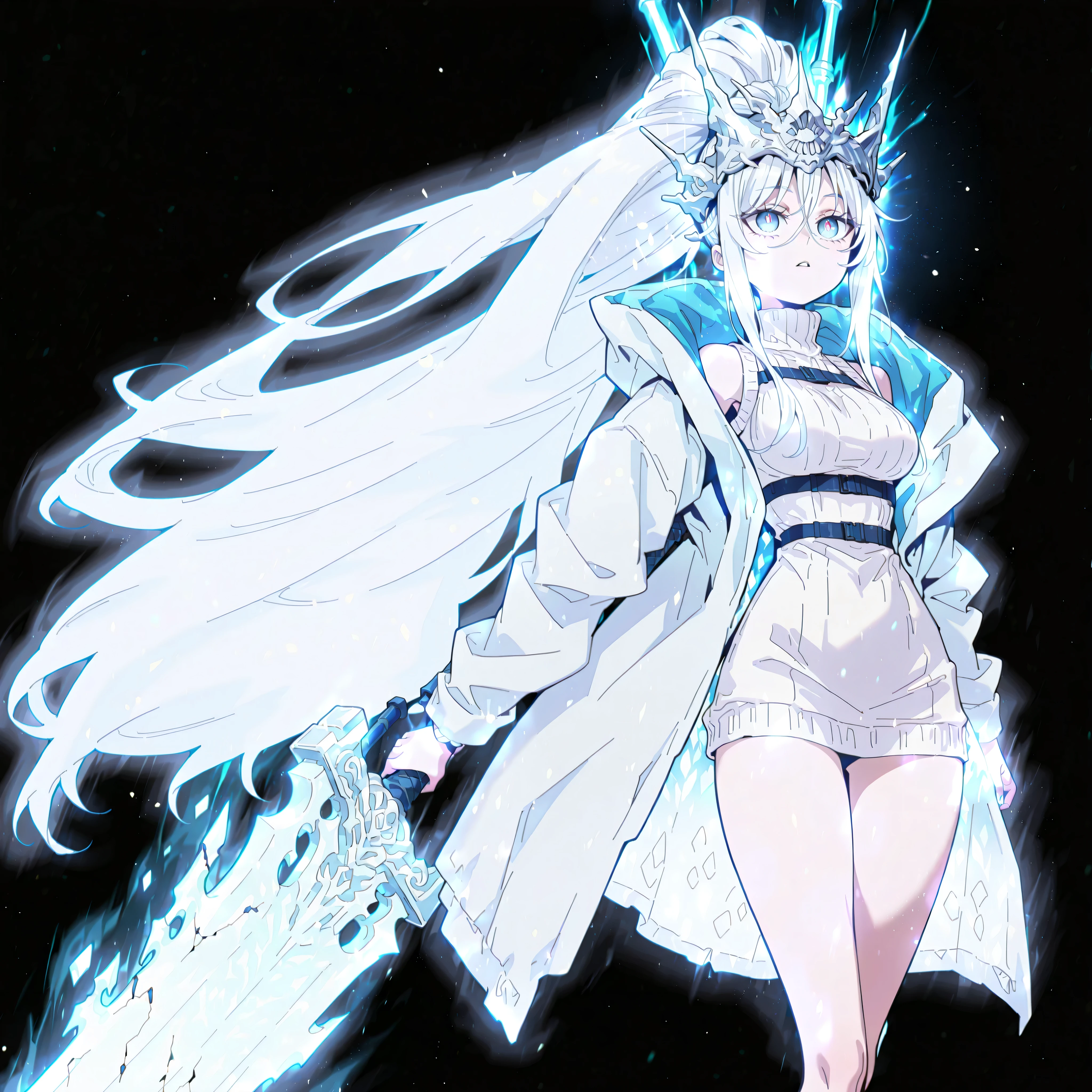 Alone, 1 girl, solitary female character, a young teenager about 1.5 meters tall. She stands alone against a deep black background, making her stand out vividly. Her physique and height are exactly like Terakomari Gandesblood from The Vexations of a Shut-In Vampire Princess.
She has long white hair tied in a ponytail, just like Sylpha Langlis from Tensei Shitara Dai Nana Ōji. The tips of her hair have an ethereal, white flame-like appearance.
Clothing and Accessories:
Her eyes are completely hidden behind a silver mask with the same design as the Frost Queen’s mask from Return of the Frozen Player. A silver mask identical to the Frost Queen’s mask from Return of the Frozen Player. A silver mask identical to the Frost Queen’s mask from Return of the Frozen Player. The mask covers the eyes. The mask covers the eyes. The mask covers the eyes. The mask covers the eyes.
She wears a black turtleneck sweater that extends halfway down her thighs. Her thighs and legs are exposed. The most important feature is her white coat with blue accents—identical in every detail to Amiya’s coat from Arknights: the same fabric, cut, blue highlights, length, hood design, zippers, and proportions (but entirely white). The coat fits properly, sliding off her arms and leaving her shoulders exposed.
Pose and Expression:
Black background, sexy pose, wide hips, medium breasts, slim waist, short body. She is a young girl conjuring a large white flame in one hand while holding an immense white greatsword with golden details in the other. The massive greatsword appears to be made of stone, with several cracks running along its broad, heavy blade, from which condensed energy radiates. Energy flows visibly from the cracks of the massive sword.
Atmosphere and Style:
Youthful energy. Ultra-detailed, sharp, clean anime style. Deep black background with cinematic lighting emphasizing her short stature and powerful aura. Perfect image, perfect face, perfect eyes, perfect anatomy.
