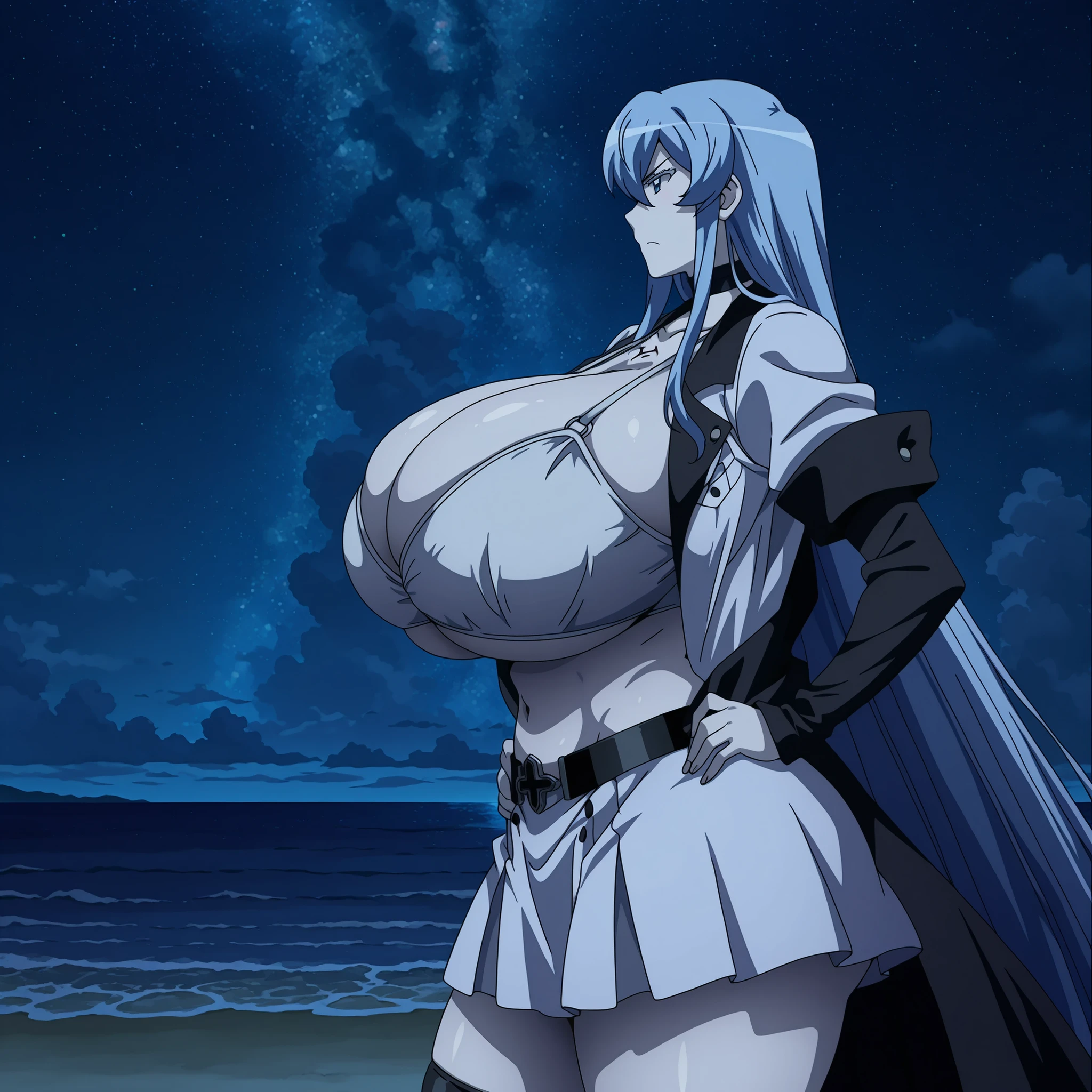  1girl, solo, anime screenshot, anime screencap, blue eyes, tall, blue hair, long hair, gigantic breasts, curvy, voluptuous, voluminous, curvaceous, hyper voluptuous, pale skin, tattoo on chest, huge breasts, ample cleavage, thick arms, stoic expression, serious, hyper breasts, black long sleeves, belt, white skirt, open uniform, white bra, tight bra, under boob, long midriff, midriff exposed, navel exposed, enormous breasts, tight bra, standing, hands on hip, gigantic breasts, wide hips, stomach, huge hips, beach shore background, night time, night sky, starry sky, sea shore, looking at horizon, massive thighs, thick thighs, thick legs, huge legs, nose, side view, side profile, massive wide hips, gigantic hips, wide stance, swaying hips, wide hips, gigantic thighs, huge booty