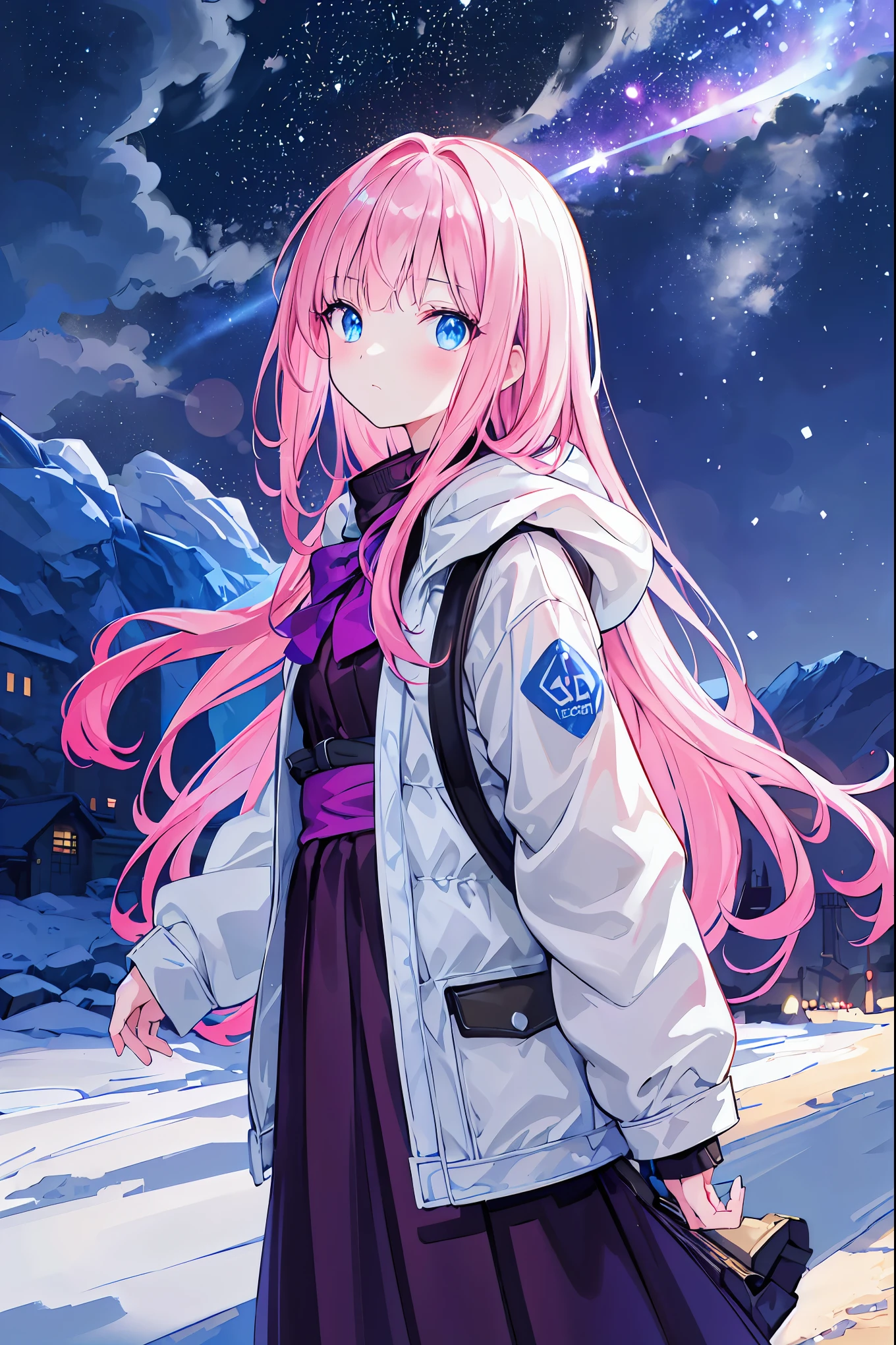 Time Traveler Girl,Breathing white ，((Time Traveler's Mark))，SPRING COAT, backpack on back,backpack is a time travel device,Misoperated,Ice Age,Frigid World,blizzard,meteor、空から降り注ぐmeteor、無数のmeteor群、Early Lady Fantasy,best quality,8K,HDR,UHD,live action style,vivid colors,High Contrast, Snow Scenery ,fantasy illustration,digital art，modern, Realistic, colorful, Fine, High Definition, 4K, Clear Light, evening, cityscape, three-dimensional effect, shadow, detailed, Character, Characteristic Details of Her Face, Position, expression, action, High Quality, photographicな効果, high definition, Detailed Expression,  Ambient Background , Textured Effects, Atmosphere Production, Lighting Processing, portrait, realistic, Oil Enamel, detail description, 4K, 8K, high definition, Masterpiece, Super Detailed, photographic, Physically Based Rendering, Professional, vibrant colors, Bokeh