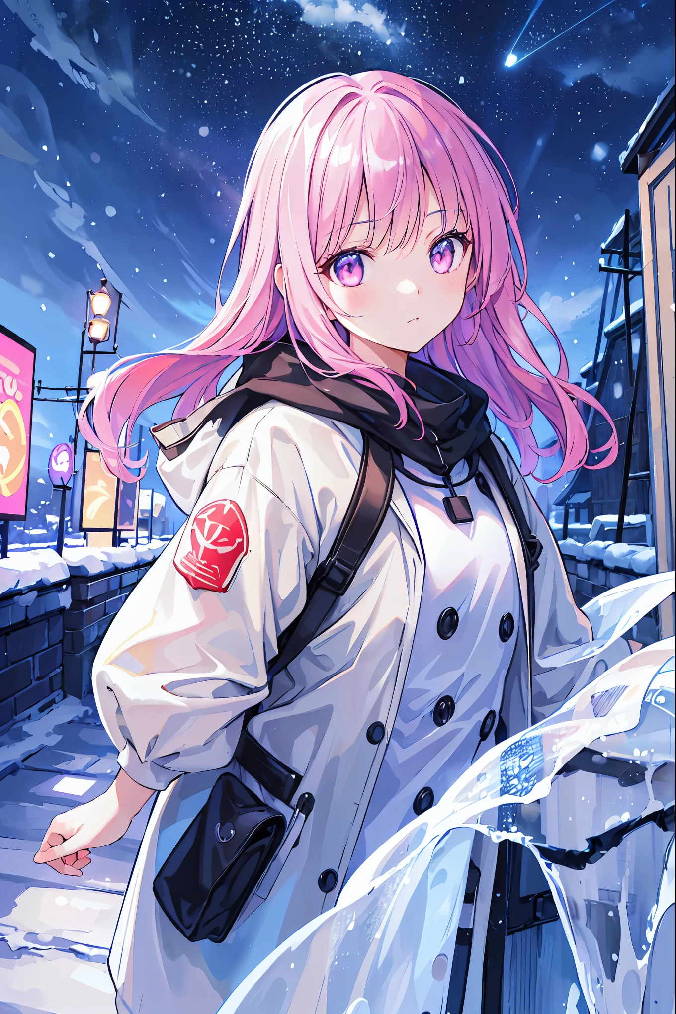 Time Traveler Girl,Breathing white ，((Time Traveler's Mark))，SPRING COAT, backpack on back,backpack is a time travel device,Misoperated,Ice Age,Frigid World,blizzard,meteor、空から降り注ぐmeteor、無数のmeteor群、Early Lady Fantasy,best quality,8K,HDR,UHD,live action style,vivid colors,High Contrast, Snow Scenery ,fantasy illustration,digital art，modern, Realistic, colorful, Fine, High Definition, 4K, Clear Light, evening, cityscape, three-dimensional effect, shadow, detailed, Character, Characteristic Details of Her Face, Position, expression, action, High Quality, photographicな効果, high definition, Detailed Expression,  Ambient Background , Textured Effects, Atmosphere Production, Lighting Processing, portrait, realistic, Oil Enamel, detail description, 4K, 8K, high definition, Masterpiece, Super Detailed, photographic, Physically Based Rendering, Professional, vibrant colors, Bokeh