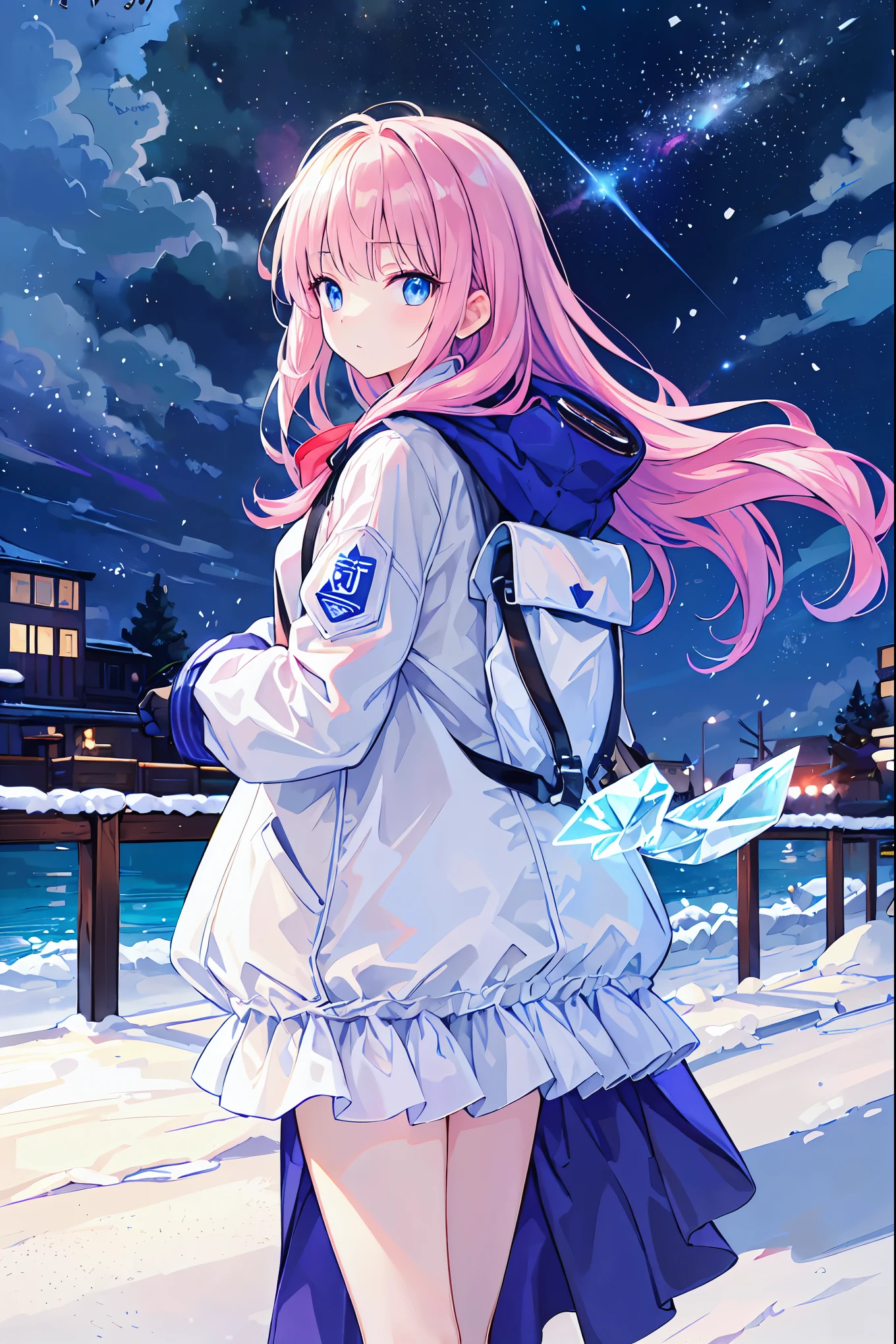 Time Traveler Girl,Breathing white ，((Time Traveler's Mark))，SPRING COAT, backpack on back,backpack is a time travel device,Misoperated,Ice Age,Frigid World,blizzard,meteor、空から降り注ぐmeteor、無数のmeteor群、Early Lady Fantasy,best quality,8K,HDR,UHD,live action style,vivid colors,High Contrast, Snow Scenery ,fantasy illustration,digital art，modern, Realistic, colorful, Fine, High Definition, 4K, Clear Light, evening, cityscape, three-dimensional effect, shadow, detailed, Character, Characteristic Details of Her Face, Position, expression, action, High Quality, photographicな効果, high definition, Detailed Expression,  Ambient Background , Textured Effects, Atmosphere Production, Lighting Processing, portrait, realistic, Oil Enamel, detail description, 4K, 8K, high definition, Masterpiece, Super Detailed, photographic, Physically Based Rendering, Professional, vibrant colors, Bokeh