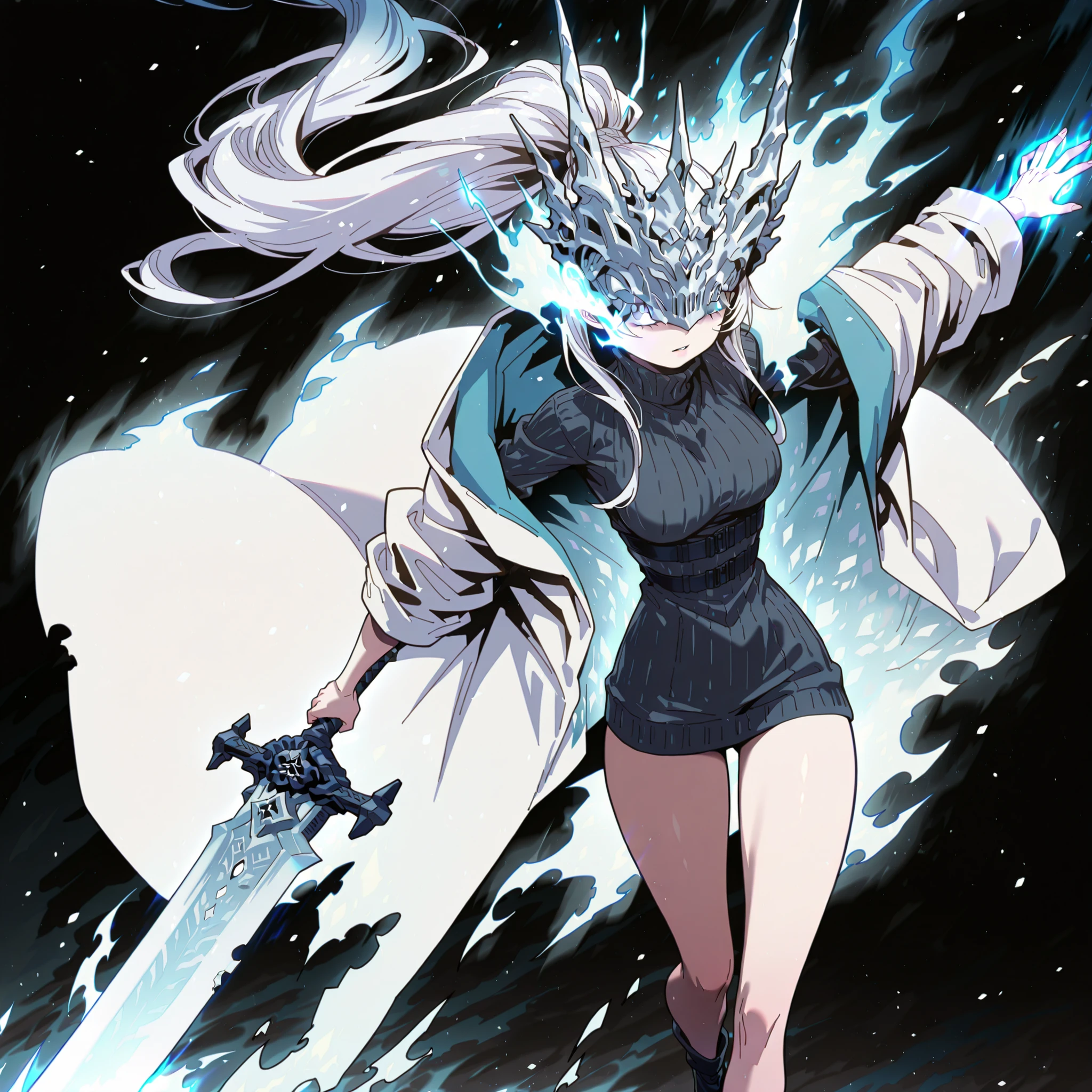 Alone, 1 girl, solitary female character, a young teenager about 1.5 meters tall. She stands alone against a deep black background, making her stand out vividly. Her physique and height are exactly like Terakomari Gandesblood from The Vexations of a Shut-In Vampire Princess.
She has long white hair tied in a ponytail, just like Sylpha Langlis from Tensei Shitara Dai Nana Ōji. The tips of her hair have an ethereal, white flame-like appearance.
Clothing and Accessories:
Her eyes are completely hidden behind a silver mask with the same design as the Frost Queen’s mask from Return of the Frozen Player. A silver mask identical to the Frost Queen’s mask from Return of the Frozen Player. A silver mask identical to the Frost Queen’s mask from Return of the Frozen Player. The mask covers the eyes. The mask covers the eyes. The mask covers the eyes. The mask covers the eyes.
She wears a black turtleneck sweater that extends halfway down her thighs. Her thighs and legs are exposed. The most important feature is her white coat with blue accents—identical in every detail to Amiya’s coat from Arknights: the same fabric, cut, blue highlights, length, hood design, zippers, and proportions (but entirely white). The coat fits properly, sliding off her arms and leaving her shoulders exposed.
Pose and Expression:
Black background, sexy pose, wide hips, medium breasts, slim waist, short body. She is a young girl conjuring a large white flame in one hand while holding an immense white greatsword with golden details in the other. The massive greatsword appears to be made of stone, with several cracks running along its broad, heavy blade, from which condensed energy radiates. Energy flows visibly from the cracks of the massive sword.
Atmosphere and Style:
Youthful energy. Ultra-detailed, sharp, clean anime style. Deep black background with cinematic lighting emphasizing her short stature and powerful aura. Perfect image, perfect face, perfect eyes, perfect anatomy.