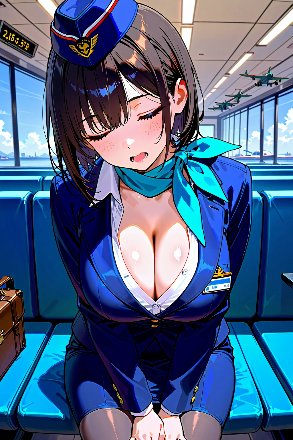 ((Young korean woman)), smooth legs, perfectly fit body, medium size , , ((cheongsam flight attendant uniform)), short sleeves, high heel pumps,(thighhighs),skirt, realistic commercial airplane interior, outside view of dramatic clouds), first class section, seated in first class seat, (flight captain hat), white gloves, ((( in mouth))), ((( on flight seat))), , 1 male, , close up view