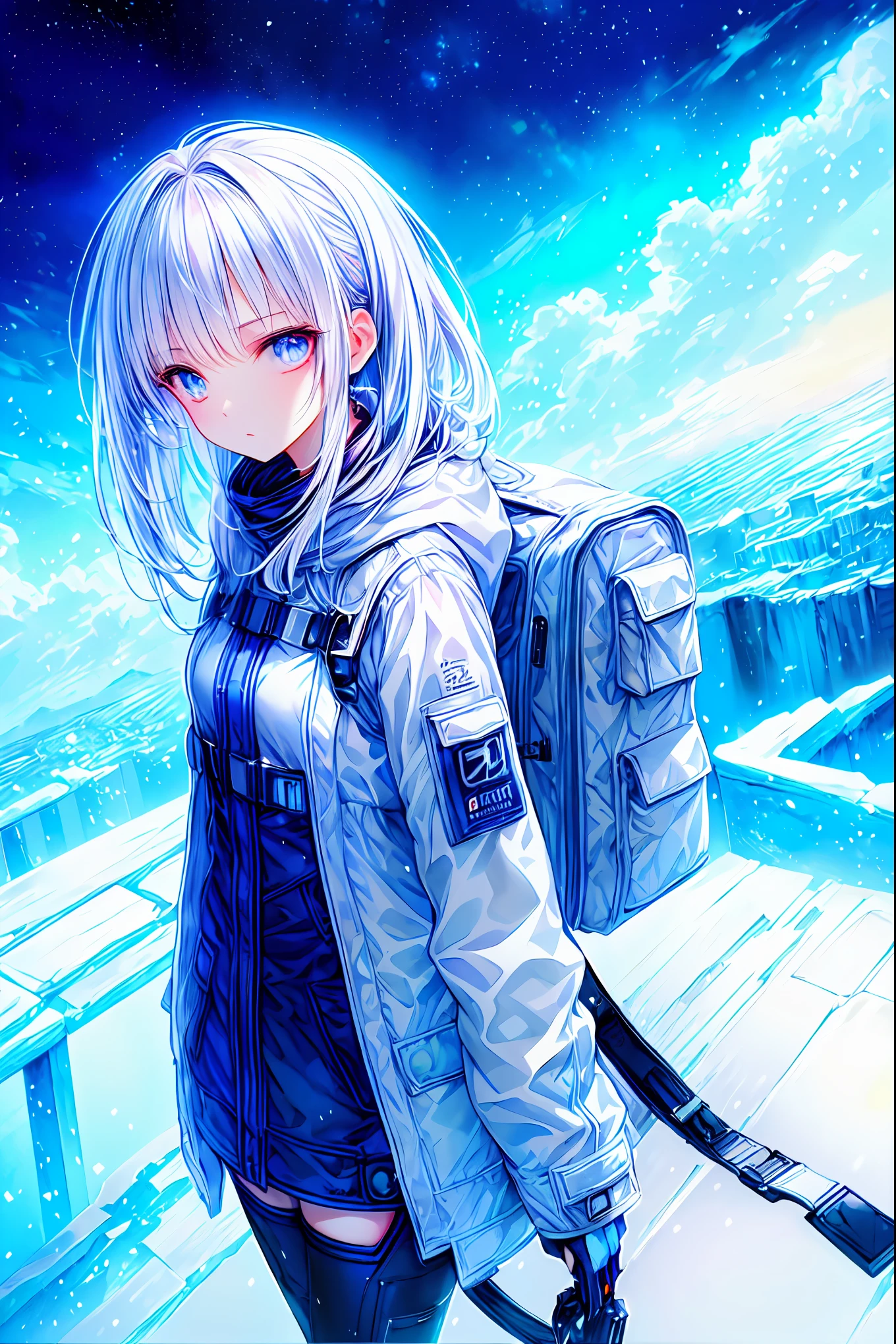 Time Traveler Girl,Breathing white ，((Time Traveler's Mark))，SPRING COAT, backpack on back,backpack is a time travel device,Misoperated,Ice Age,Frigid World,blizzard,meteor、空から降り注ぐmeteor、無数のmeteor群、Early Lady Fantasy,best quality,8K,HDR,UHD,live action style,vivid colors,High Contrast, Snow Scenery ,fantasy illustration,digital art，modern, Realistic, colorful, Fine, High Definition, 4K, Clear Light, evening, cityscape, three-dimensional effect, shadow, detailed, Character, Characteristic Details of Her Face, Position, expression, action, High Quality, photographicな効果, high definition, Detailed Expression,  Ambient Background , Textured Effects, Atmosphere Production, Lighting Processing, portrait, realistic, Oil Enamel, detail description, 4K, 8K, high definition, Masterpiece, Super Detailed, photographic, Physically Based Rendering, Professional, vivid colors, Bokeh