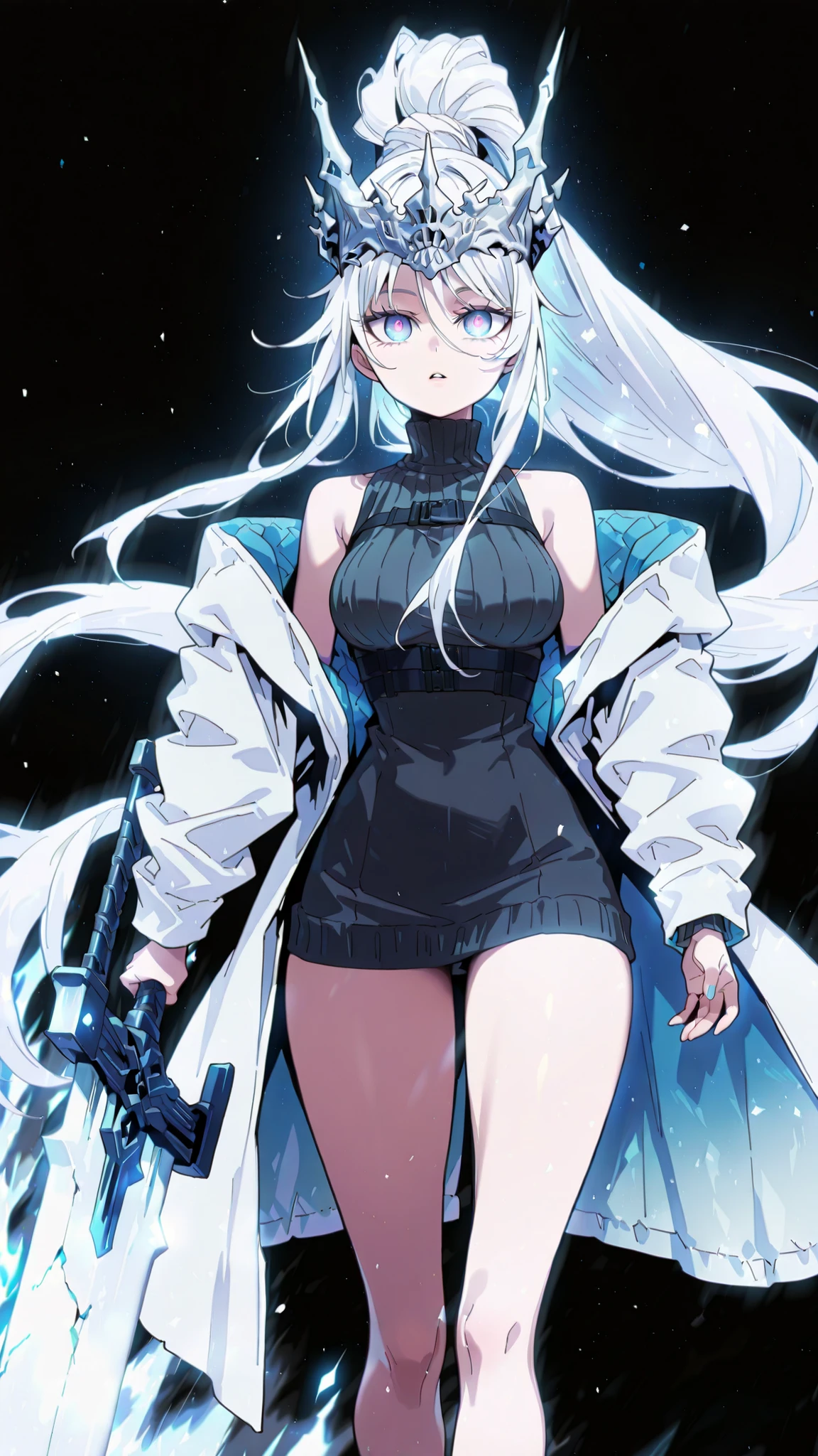 Alone, 1 girl, solitary female character, a young teenager about 1.5 meters tall. She stands alone against a deep black background, making her stand out vividly. Her physique and height are exactly like Terakomari Gandesblood from The Vexations of a Shut-In Vampire Princess.

She has long white hair tied in a ponytail, just like Sylpha Langlis from Tensei Shitara Dai Nana Ōji. The tips of her hair have an ethereal, white flame-like appearance.

Clothing and Accessories:
Her eyes are completely hidden behind a silver mask with the same design as the Frost Queen’s mask from Return of the Frozen Player. A silver mask identical to the Frost Queen’s mask from Return of the Frozen Player. A silver mask identical to the Frost Queen’s mask from Return of the Frozen Player. The mask covers the eyes. The mask covers the eyes. The mask covers the eyes. The mask covers the eyes.

She wears a black turtleneck sweater that extends halfway down her thighs. Her thighs and legs are exposed. The most important feature is her white coat with blue accents—identical in every detail to Amiya’s coat from Arknights: the same fabric, cut, blue highlights, length, hood design, zippers, and proportions (but entirely white). The coat fits properly, sliding off her arms and leaving her shoulders exposed.

Pose and Expression:
Black background, sexy pose, wide hips, medium breasts, slim waist, short body. She is a young girl conjuring a large white flame in one hand while holding an immense white greatsword with golden details in the other. The massive greatsword appears to be made of stone, with several cracks running along its broad, heavy blade, from which condensed energy radiates. Energy flows visibly from the cracks of the massive sword.

Atmosphere and Style:
Youthful energy. Ultra-detailed, sharp, clean anime style. Deep black background with cinematic lighting emphasizing her short stature and powerful aura. Perfect image, perfect face, perfect eyes, perfect anatomy.