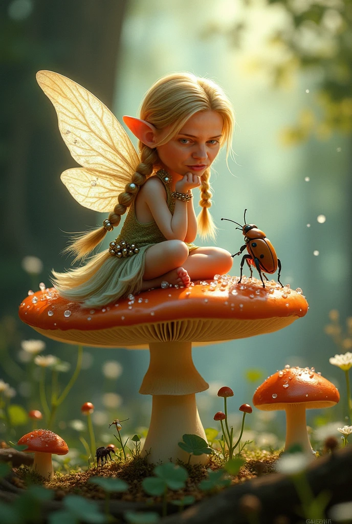 and the little girl stumbled upon a fairy dancing on a mushroom , high quality illustration