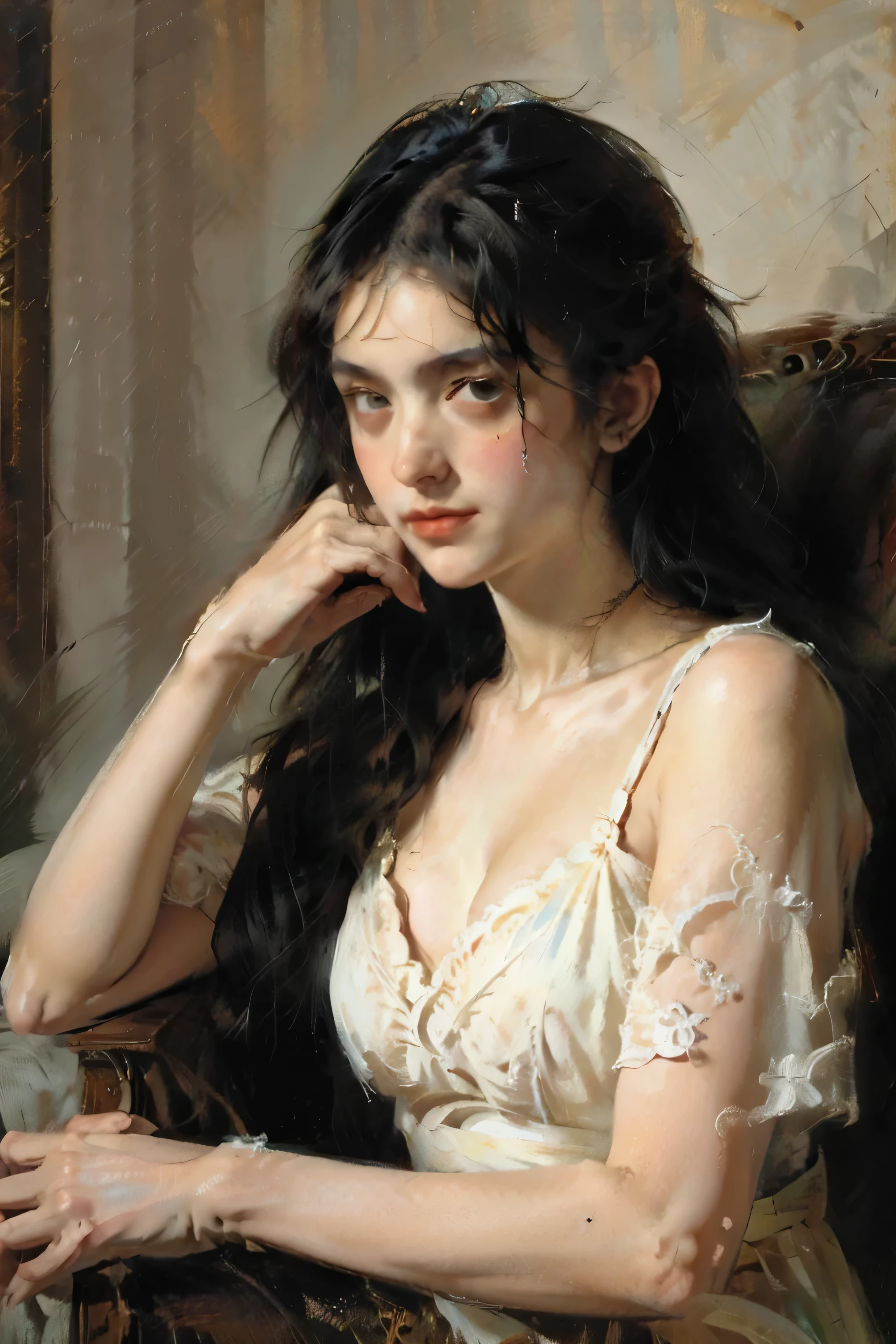 (Lora:#An oil painting)A realistic oil painting inspired by Goya's black paintings, a striking female figure with an intricate and skeletal face and body creates a dramatic and surreal impression. Her skin is pale, almost ghostly, stretching over her boney body, while her large bust is very noticable and partially visible to emphasize the rest of her skeletal frsme. The candle lighting highlights the porcelain-like texture of the skin, which is adorned with a series of elegant intricately carved silver antique ornaments around her neck and wrists and fingers. Her deep green attire, embroidered in ornate black trim around the edges, contrasts sickly against the pale skin, adding a pop of color and enhancing the eerie mood. Wisps of hair cascade in waves, adding softness to the overall angular and macabre composition. The atmosphere is one of haunting elegance, with a somber undertone that blends elements of dark fantasy and the grotesque. She has an allure and a hypersenual attractiveness mixed with a macabre and spooky nature with her classic black and deep green dress stuffed with dried flowets and brittle stems looking like they were stuffed in there fresh and sloely dried over time.  4k,highly detailed digital art, woman  overflowing with flowers, human flora, highly detailed art, detailed dark fantasy art, floral/gothic skeletal madness,  detailed gothic art, highly detailed fantasy art, psychedelic organic fantastical portrait, an ultra-attractive, ultra-spooky female sits surrounded by dozens of old drie flowers in vases and dozens of lit candles. The woman's form is a complex, mesmerizing combination of ivory porcelain skin intertwined with her dried botanical motifs. Her head is adorned with an elaborate headdress of silver metal and emeralds exploding into dried brittle foliage, creating an otherworldly crown. Large, wide-set green eyes, thin eyebrows, a very large chest and a skeletal grin give the face a haunting yet whimsical expression. Darkened dehydraded flowers and ornaments are embedded in the body, adding an enchanting feel to the serene,  almost dreamlike ambiance. The scene captures an exquisite blend of nature and madness in a symphony of artistic imagination, evoking themes of transformation and the merging of humans snd vamires im the old world. N A woman sits amidst the solemn grandeur of a candle lit room, her presence accentuated by an elaborate black and green gown. The dress is richly adorned with intricate details and deep green frills, drawing the eye with her large bust and the luxorious background. Her dark, very long flowing hair cascades over her shoulders coming to an end at the bottom of her back. Large oil paintings hung on the wall of long deceased family members complementing the dramatic ambiance. She has expensive luxurious emerald set in silver jewelry matching her attire, adding a touch of elegance and mystery. Surrounding her are dark slime green candlesticks inside of antique silver candlesticks, their glowing flames casting a warm, flickering light that dances over the stone textures and arched architecture of the Victorian home. The gothic atmosphere is filled with shadows and depth, enhanced by the stones and the dead flowers around her, evoking a somber, introspective mood. The interplay of light and shadow is captured beautifully, creating an evocative and intriguing tableau. A striking look in her eyes adds an icy edge to her dramatic and surreal impression.  Candle light and the moody atmosphere of the home is one of haunting spookiness with a very somber undertone that blends elements of meloncholic dark fantasy with a dry decayed elegance. Realistic and macabre, highest quality, UHDR, high-res, attention to facial features and textures, a masterpiece. 