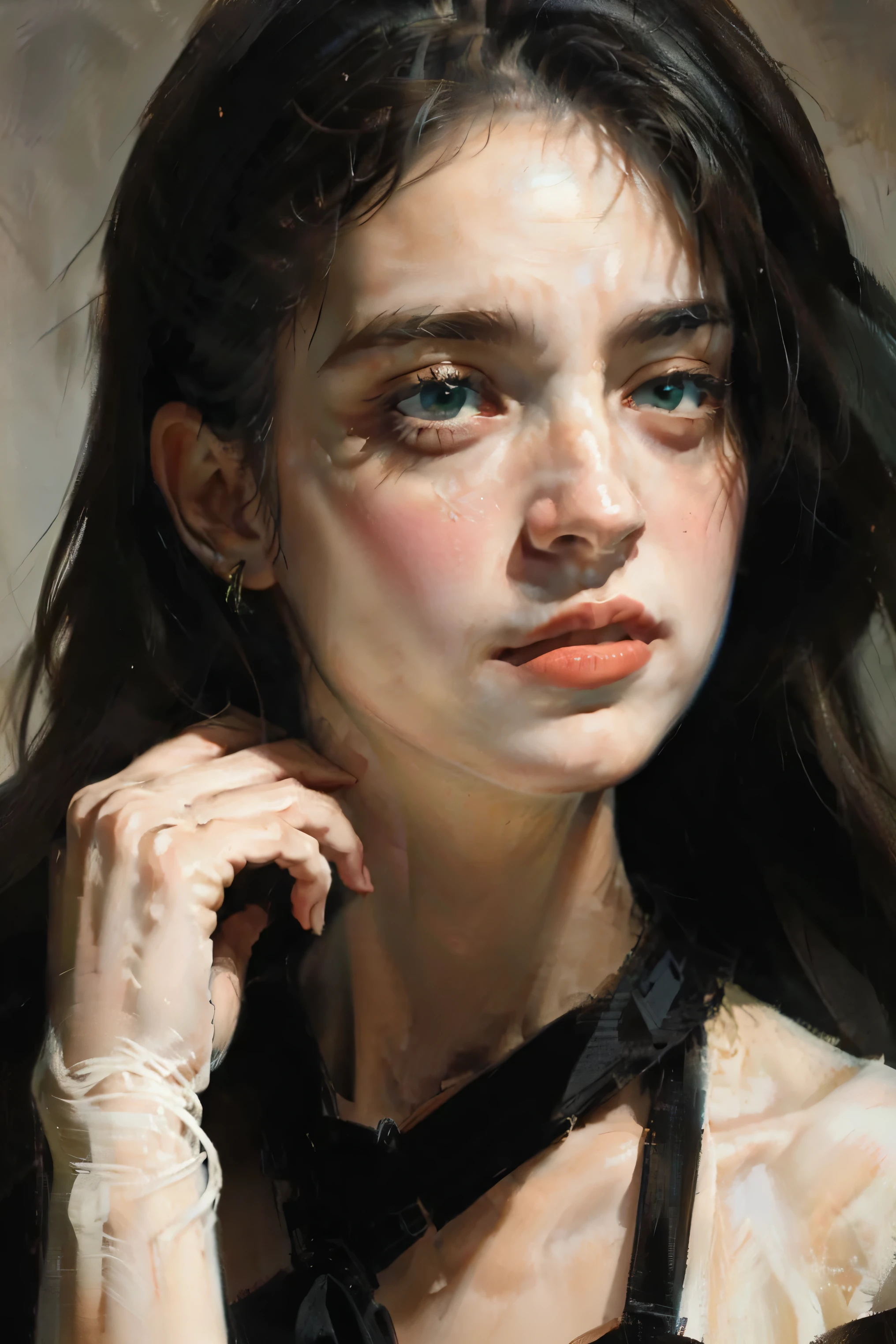 (Lora:#An oil painting)A realistic oil painting inspired by Goya's black paintings, a striking female figure with an intricate and skeletal face and body creates a dramatic and surreal impression. Her skin is pale, almost ghostly, stretching over her boney body, while her large bust is very noticable and partially visible to emphasize the rest of her skeletal frsme. The candle lighting highlights the porcelain-like texture of the skin, which is adorned with a series of elegant intricately carved silver antique ornaments around her neck and wrists and fingers. Her deep green attire, embroidered in ornate black trim around the edges, contrasts sickly against the pale skin, adding a pop of color and enhancing the eerie mood. Wisps of hair cascade in waves, adding softness to the overall angular and macabre composition. The atmosphere is one of haunting elegance, with a somber undertone that blends elements of dark fantasy and the grotesque. She has an allure and a hypersenual attractiveness mixed with a macabre and spooky nature with her classic black and deep green dress stuffed with dried flowets and brittle stems looking like they were stuffed in there fresh and sloely dried over time. 4k,highly detailed digital art, woman overflowing with flowers, human flora, highly detailed art, detailed dark fantasy art, floral/gothic skeletal madness, detailed gothic art, highly detailed fantasy art, psychedelic organic fantastical portrait, an ultra-attractive, ultra-spooky female sits surrounded by dozens of old drie flowers in vases and dozens of lit candles. The woman's form is a complex, mesmerizing combination of ivory porcelain skin intertwined with her dried botanical motifs. Her head is adorned with an elaborate headdress of silver metal and emeralds exploding into dried brittle foliage, creating an otherworldly crown. Large, wide-set green eyes, thin eyebrows, a very large chest and a skeletal grin give the face a haunting yet whimsical expression. Darkened dehydraded flowers and ornaments are embedded in the body, adding an enchanting feel to the serene, almost dreamlike ambiance. The scene captures an exquisite blend of nature and madness in a symphony of artistic imagination, evoking themes of transformation and the merging of humans snd vamires im the old world. N A woman sits amidst the solemn grandeur of a candle lit room, her presence accentuated by an elaborate black and green gown. The dress is richly adorned with intricate details and deep green frills, drawing the eye with her large bust and the luxorious background. Her dark, very long flowing hair cascades over her shoulders coming to an end at the bottom of her back. Large oil paintings hung on the wall of long deceased family members complementing the dramatic ambiance. She has expensive luxurious emerald set in silver jewelry matching her attire, adding a touch of elegance and mystery. Surrounding her are dark slime green candlesticks inside of antique silver candlesticks, their glowing flames casting a warm, flickering light that dances over the stone textures and arched architecture of the Victorian home. The gothic atmosphere is filled with shadows and depth, enhanced by the stones and the dead flowers around her, evoking a somber, introspective mood. The interplay of light and shadow is captured beautifully, creating an evocative and intriguing tableau. A striking look in her eyes adds an icy edge to her dramatic and surreal impression. Candle light and the moody atmosphere of the home is one of haunting spookiness with a very somber undertone that blends elements of meloncholic dark fantasy with a dry decayed elegance. Realistic and macabre, highest quality, UHDR, high-res, attention to facial features and textures, a masterpiece.