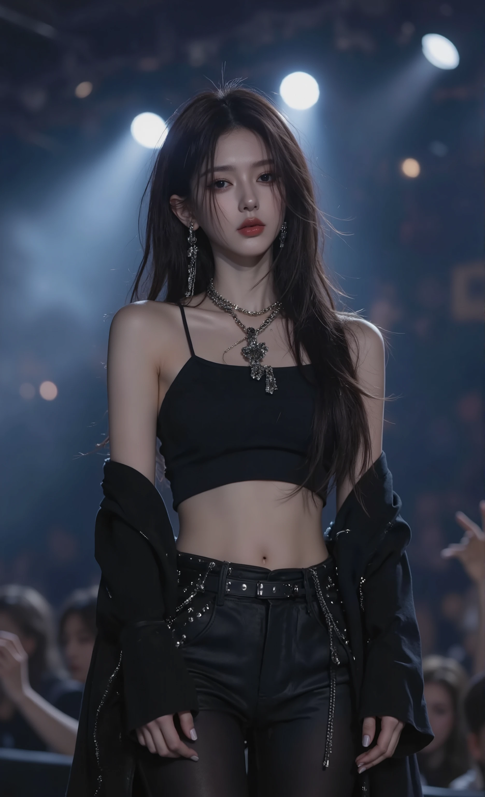 ultra-detailed, finely, detail, rock concert photorealism, Nikon Z9 camera settings, 24-70mm f/2.8 lens, perfect focus, studio lighting quality, female rock star performance, concert photography, spotlight beams cutting through smoke, detailed facial features, emotional intensity, professional lighting setup, sweat-soaked hair, tight black outfit texture, leather reflections, microphone detail, stage monitors, dramatic backlighting, audience hands raised, concert venue architecture, high-resolution detail, photojournalistic moment